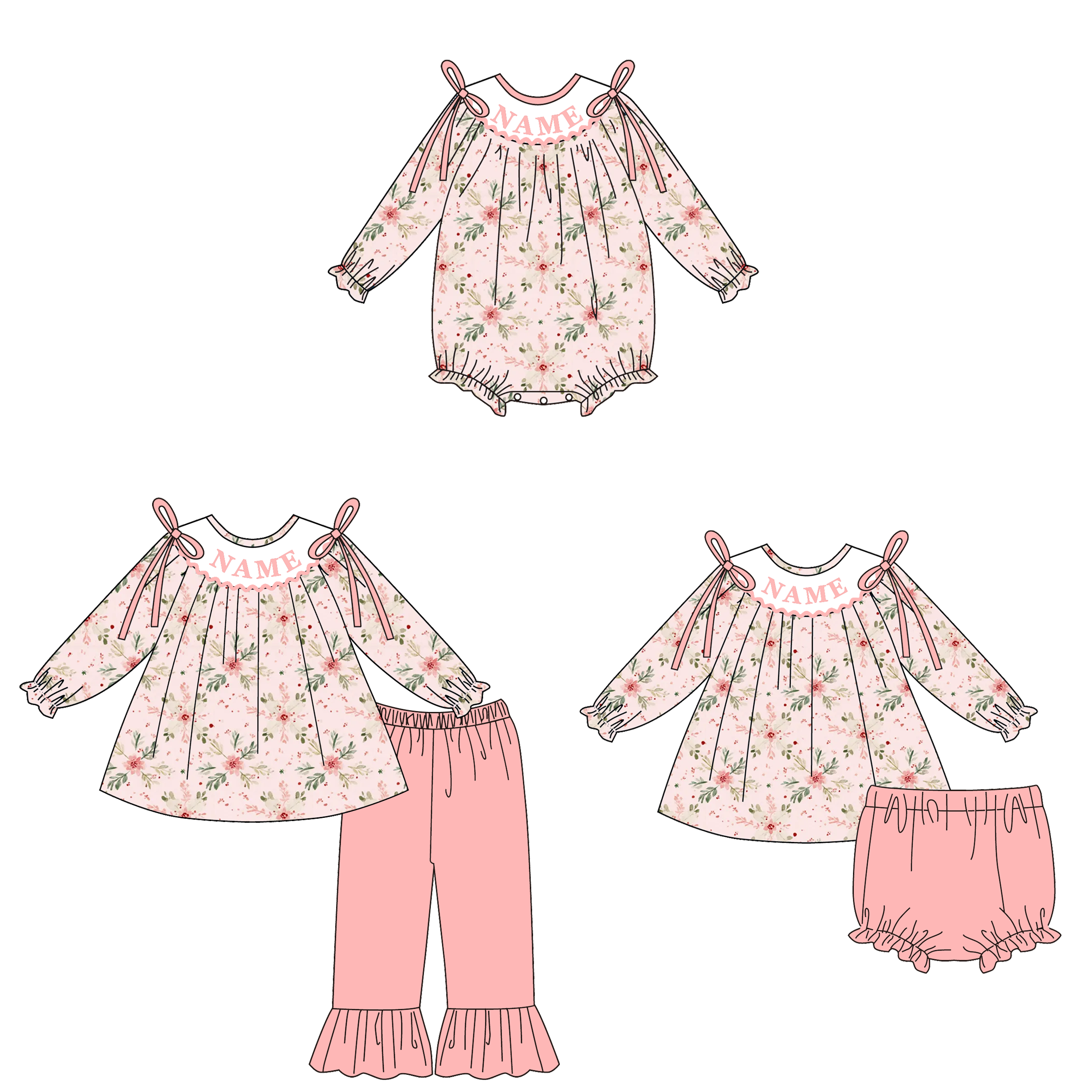 （Pre Order）Family Christmas Floral Embroidery Smocked Set&Romper