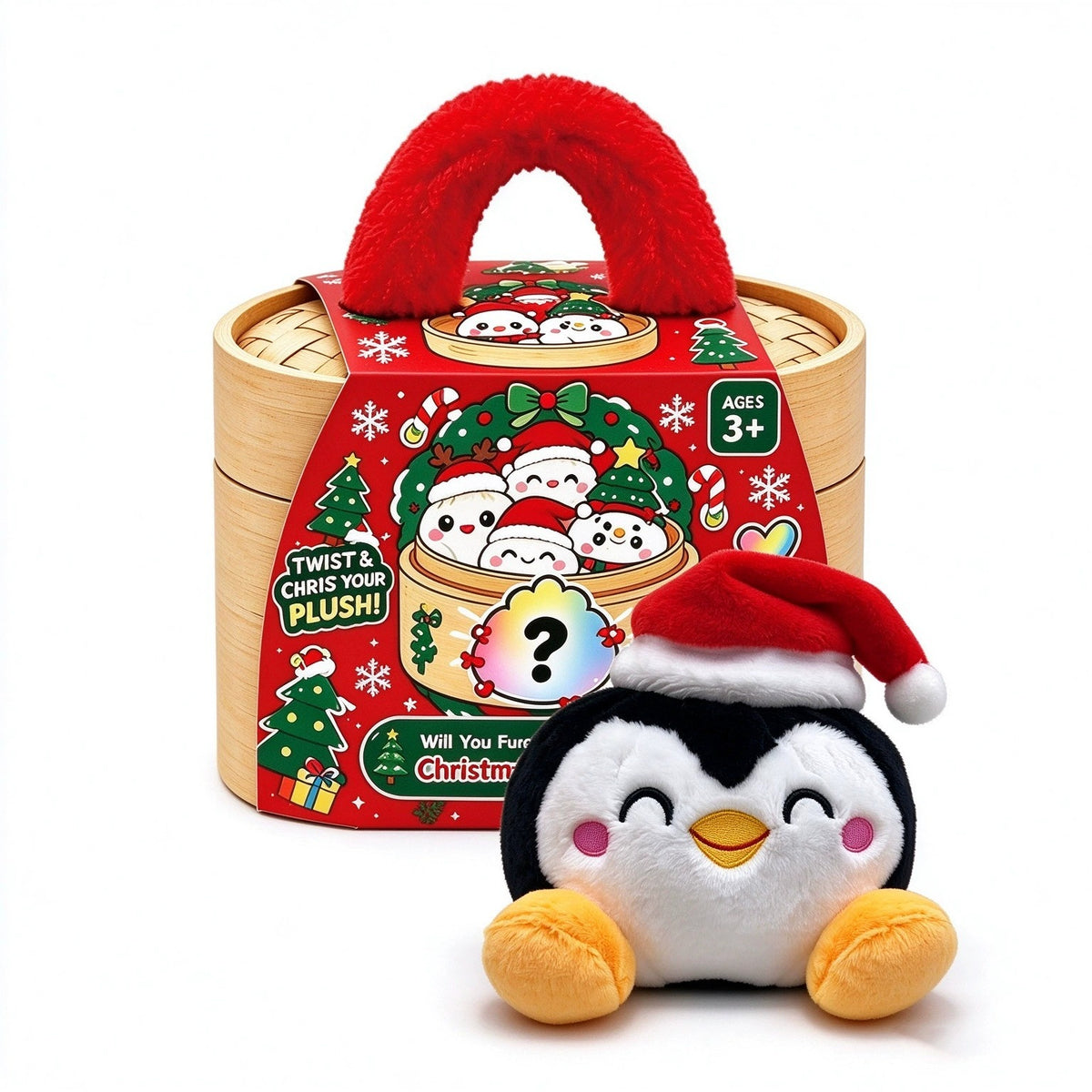 Black and white penguin plush with yellow beak and feet wearing a red Santa hat beside a wooden holiday basket