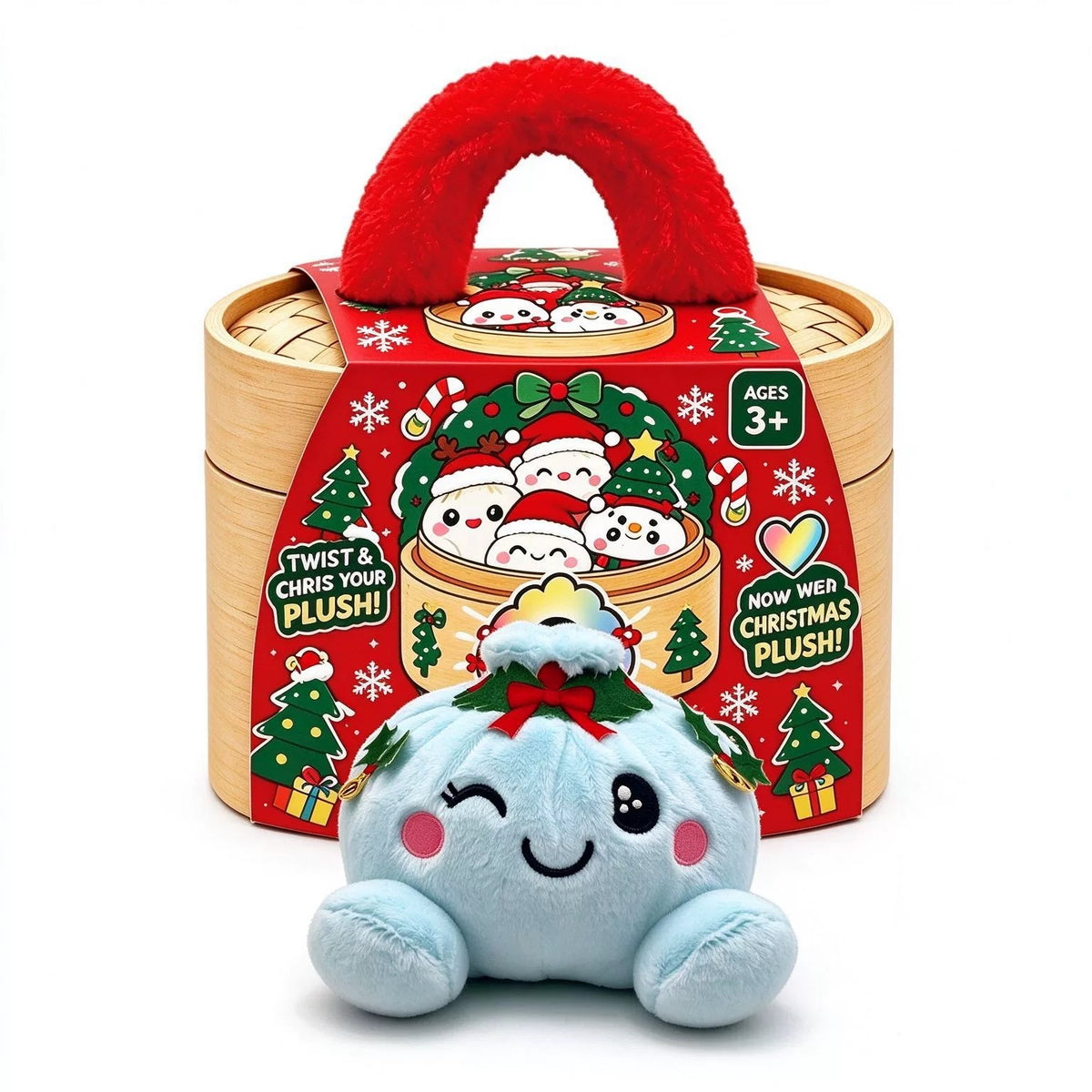 Light blue winking dumpling plush with a holly-leaf bow in front of a wooden basket with red plush handle and holiday sleeve
