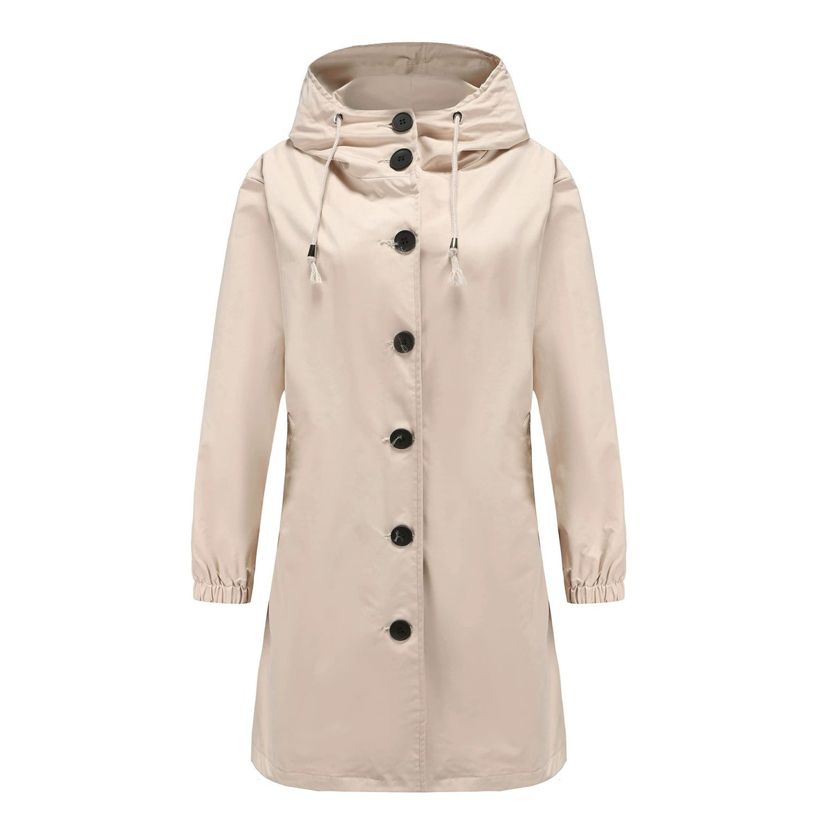 Beige girls' longline jacket shown flat, with drawstring hood, black buttons, and elastic cuffs