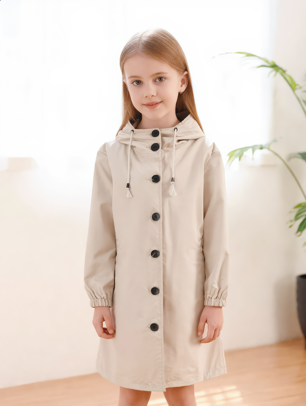 Girl wearing the beige hooded button-front jacket indoors with the hood down