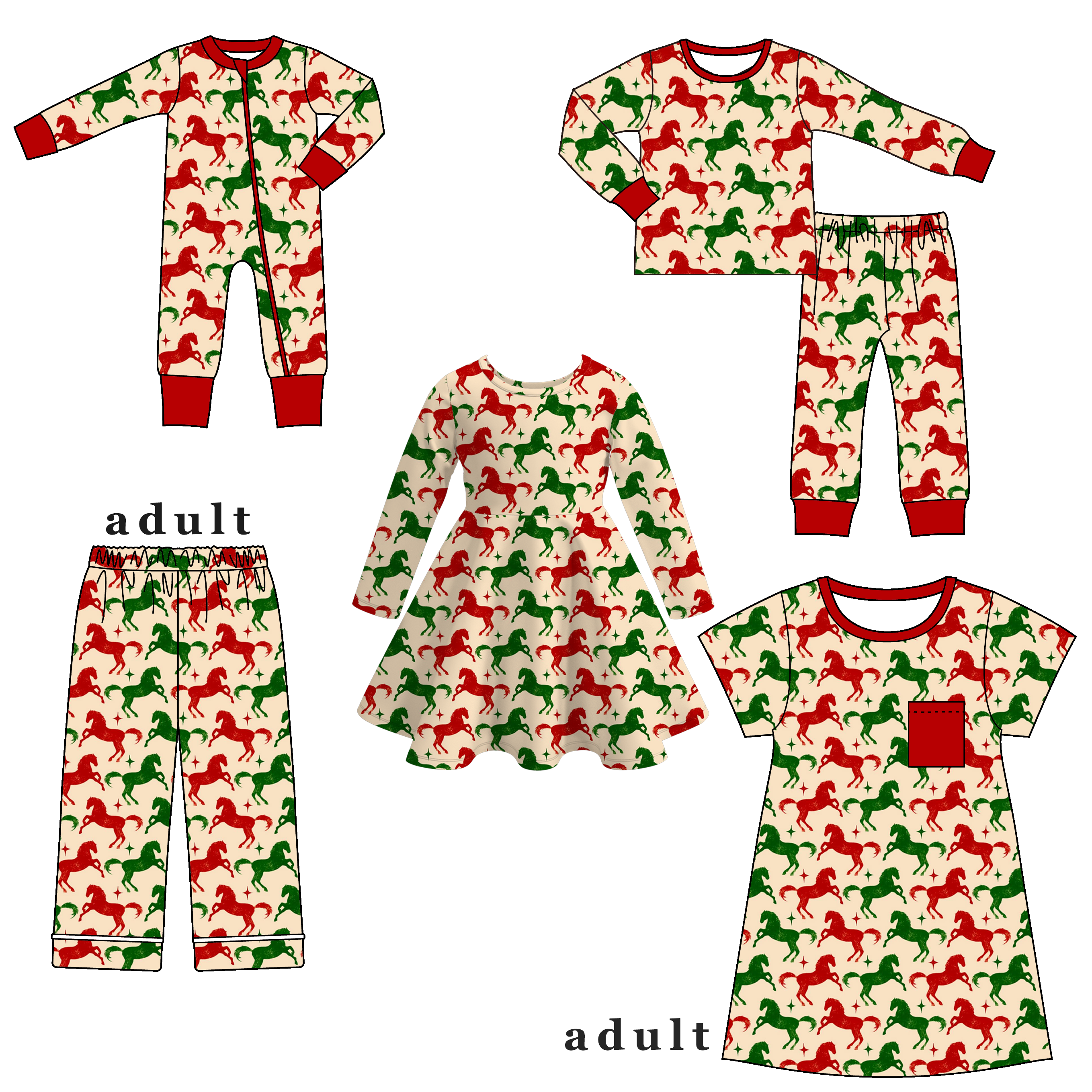 （Pre Order）Family Christmas Horse Dress,Set,Pants＆Romper