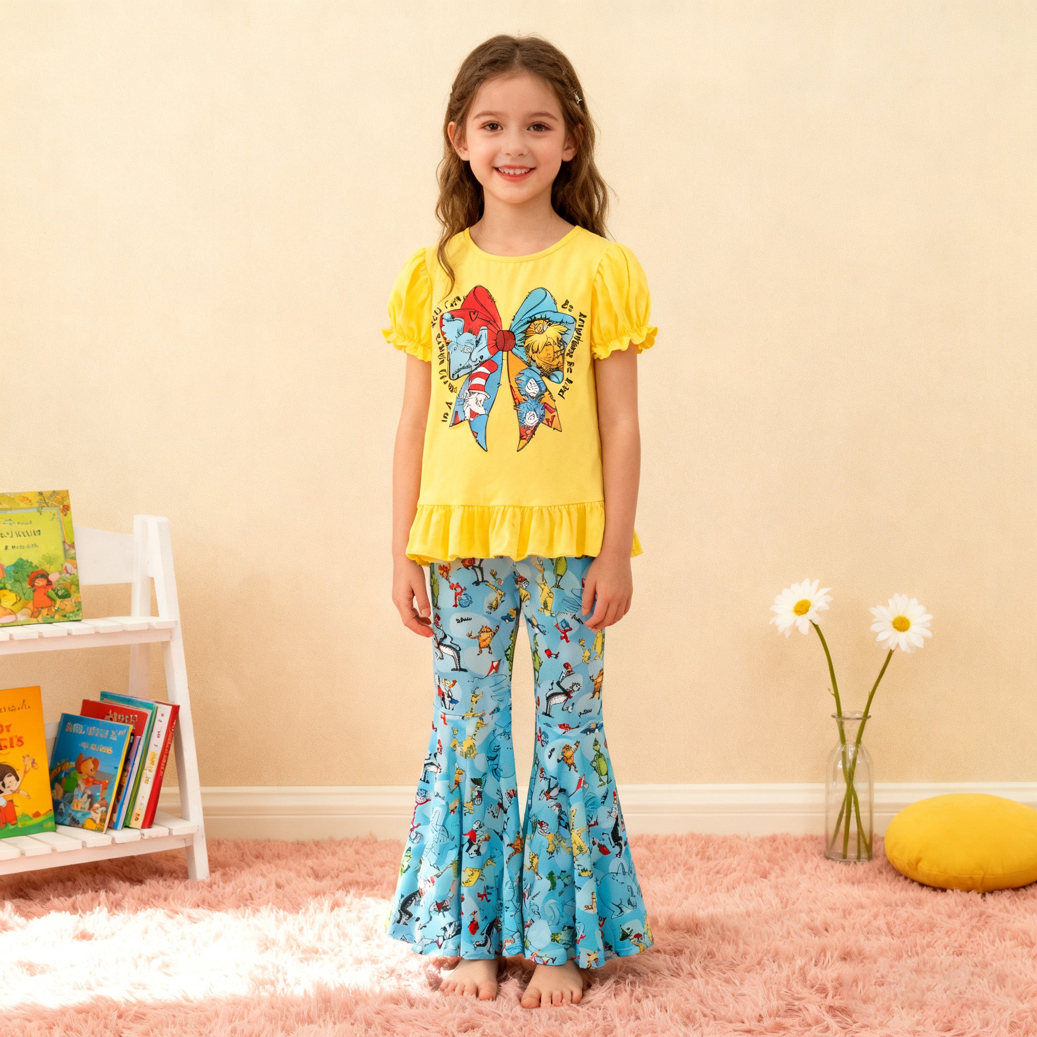 （In Stock）Girls Spring and Summer DR SEUSS Print Outfit Set