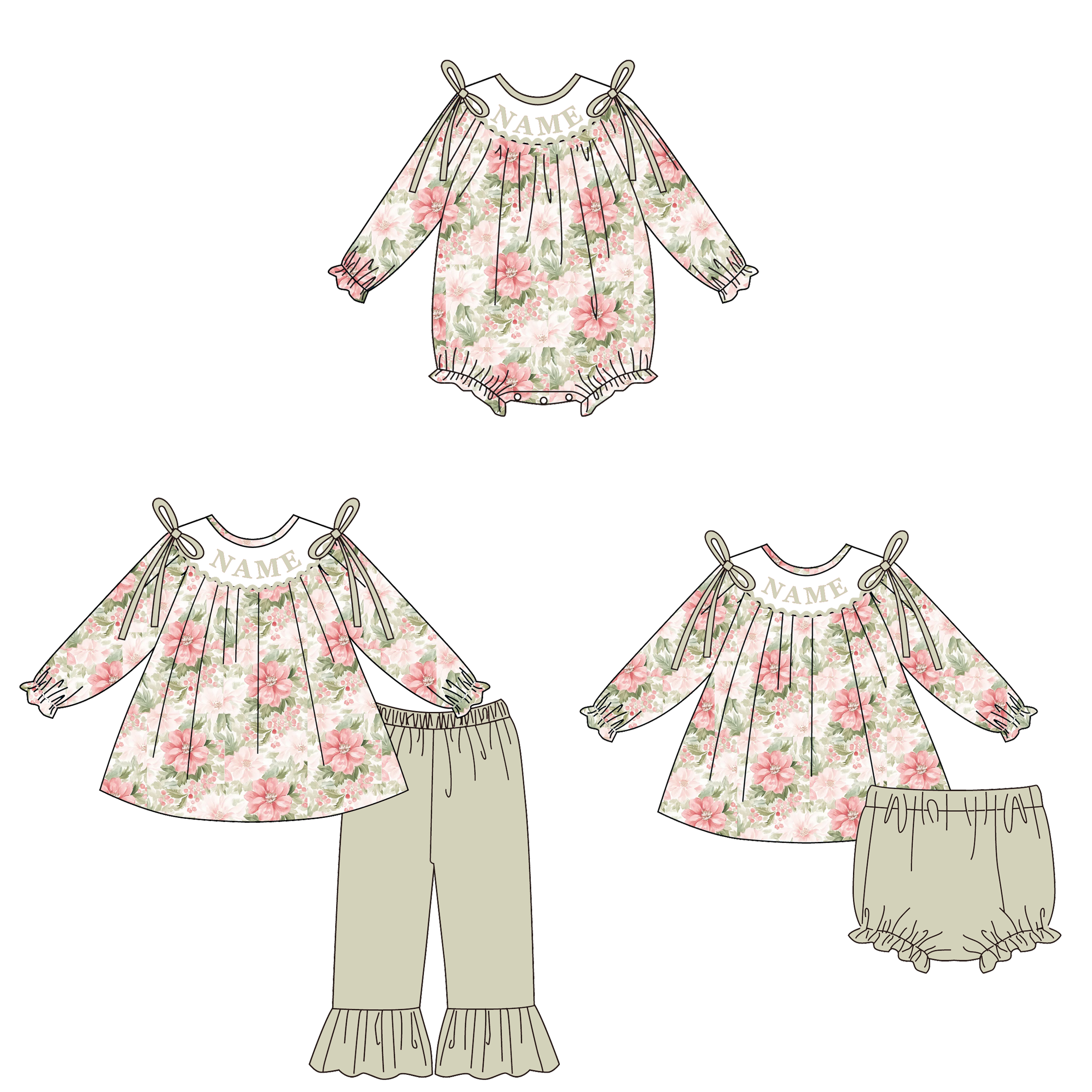 （Pre Order）Family Christmas Floral Embroidery Smocked Set&Romper