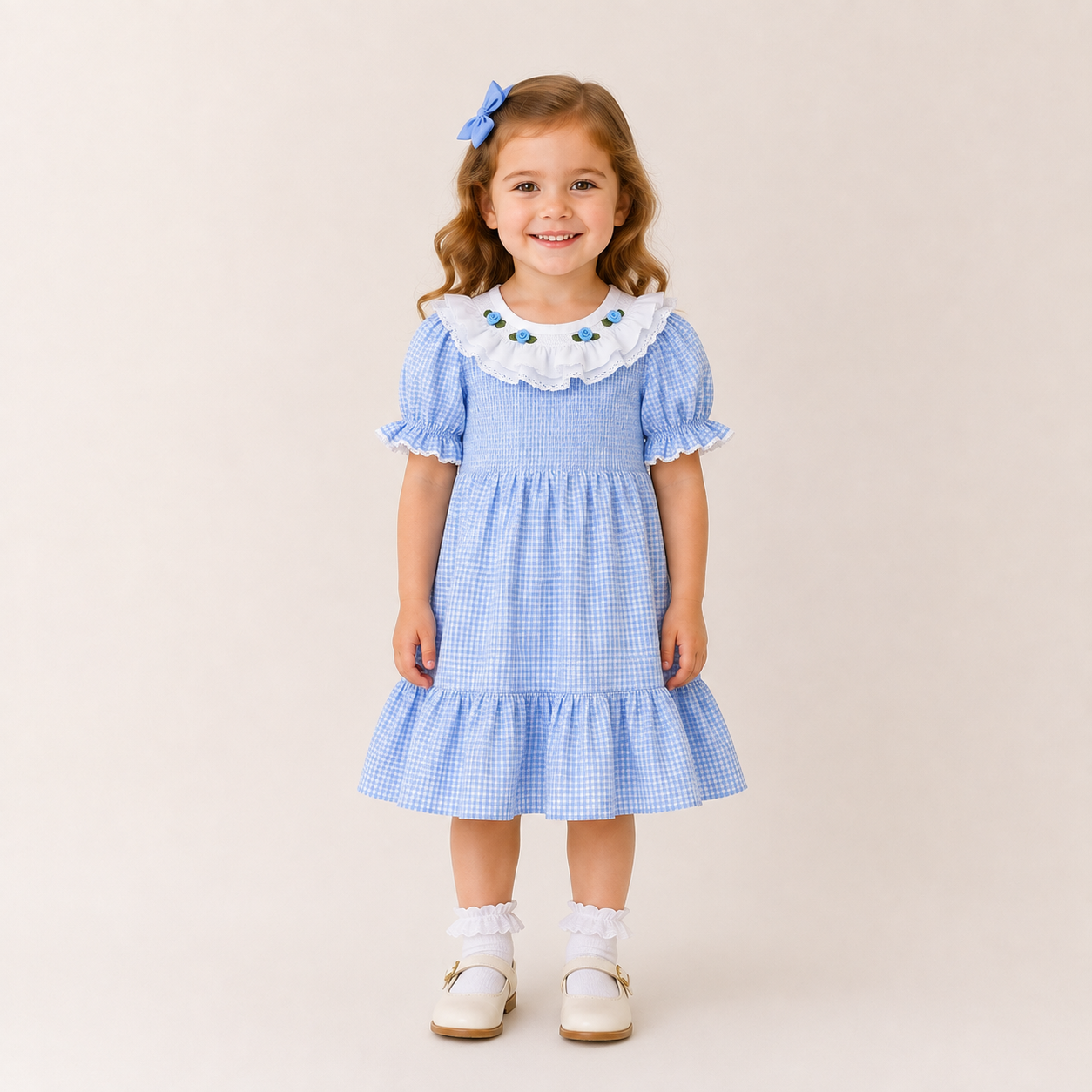 （In Stock）Girls Fall Smocked Blue Plaid Cotton Dress