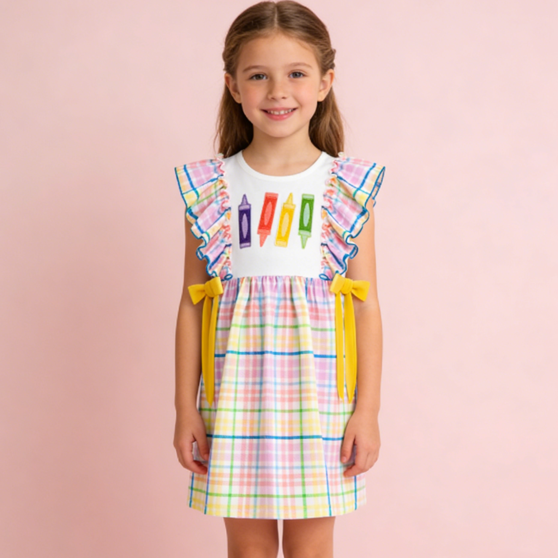 （In Stock）Girls Back To School Crayon Applique Ruffle Dress