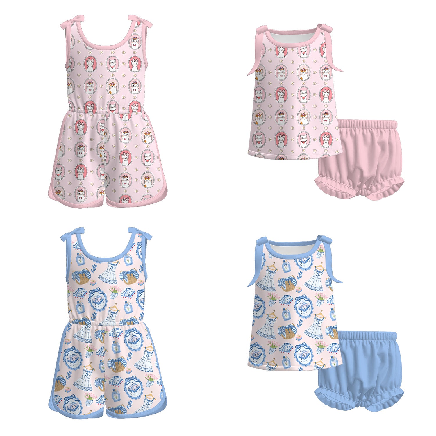 （Pre Order）Sisters Spring&Summer Kitty Print Jumpsuit&Bloomer Set