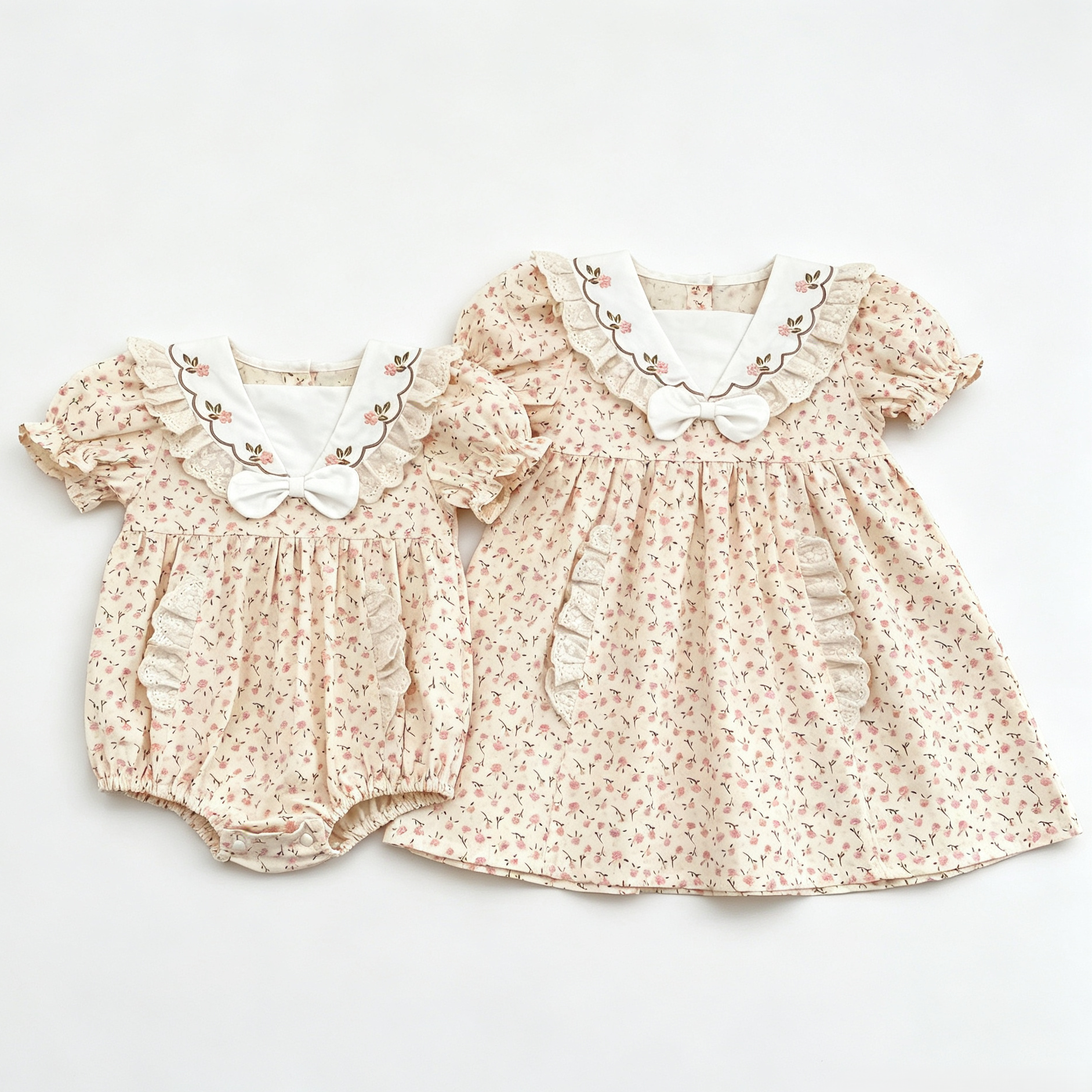 （Pre Order 2 Weeks）Sisters Floral Embroidery Lace Ruffled Dress&Romper