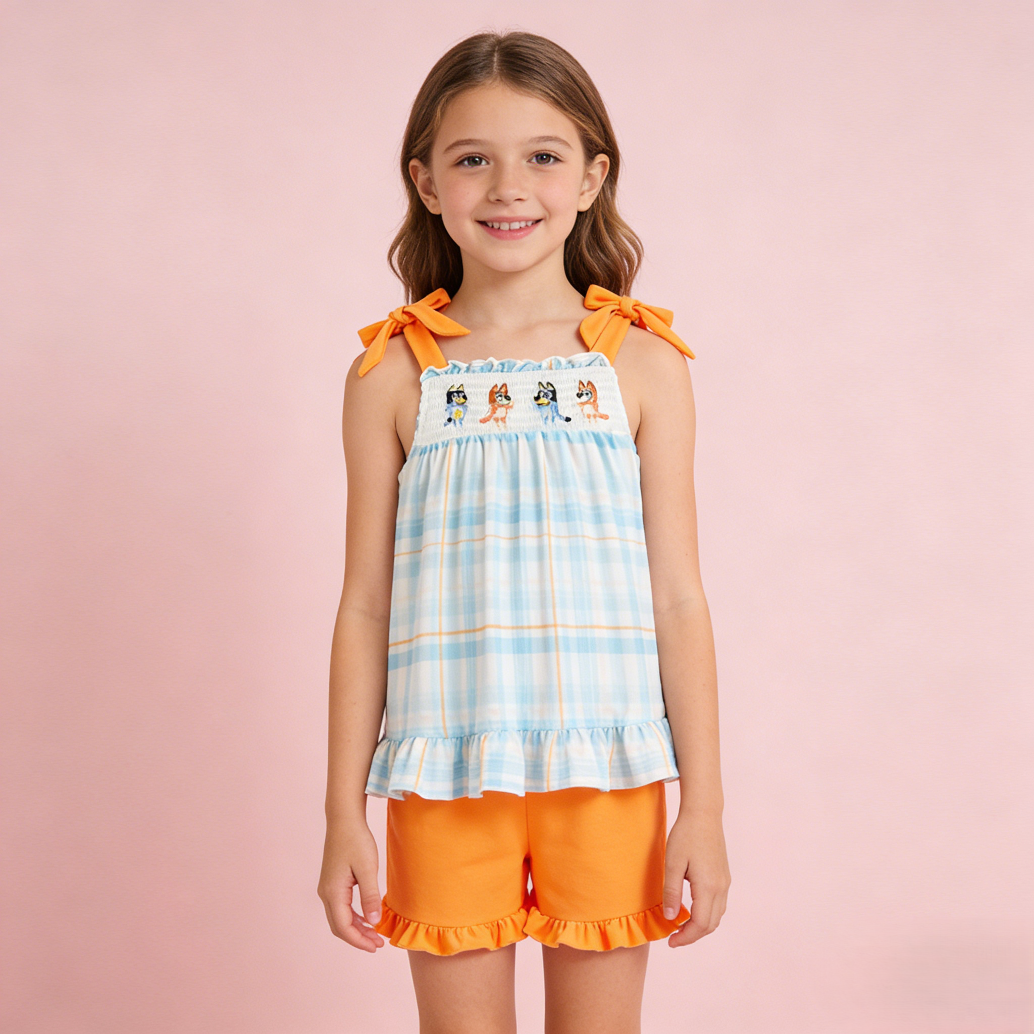 （In Stock）Girls Spring and Summer Cartoon Embroidery Smocked Shorts Set