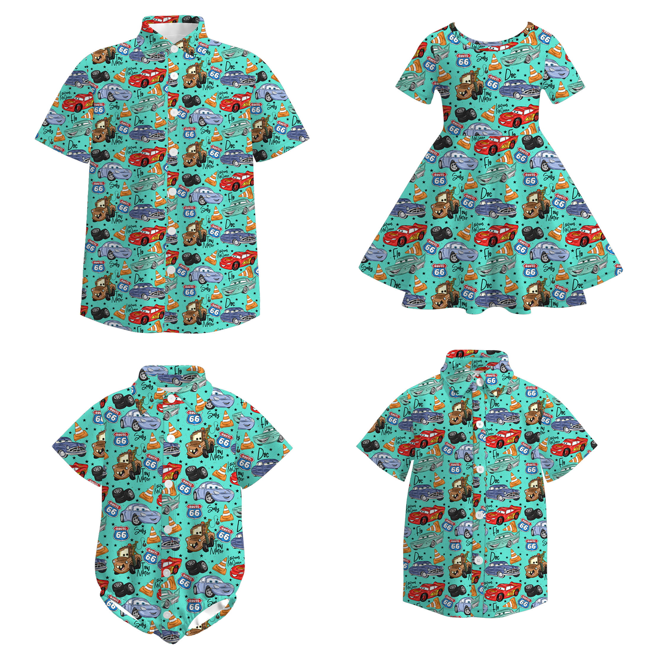 （Pre Order）Family Spring&Summer Cartoon Car Print Dress,Romper&Top