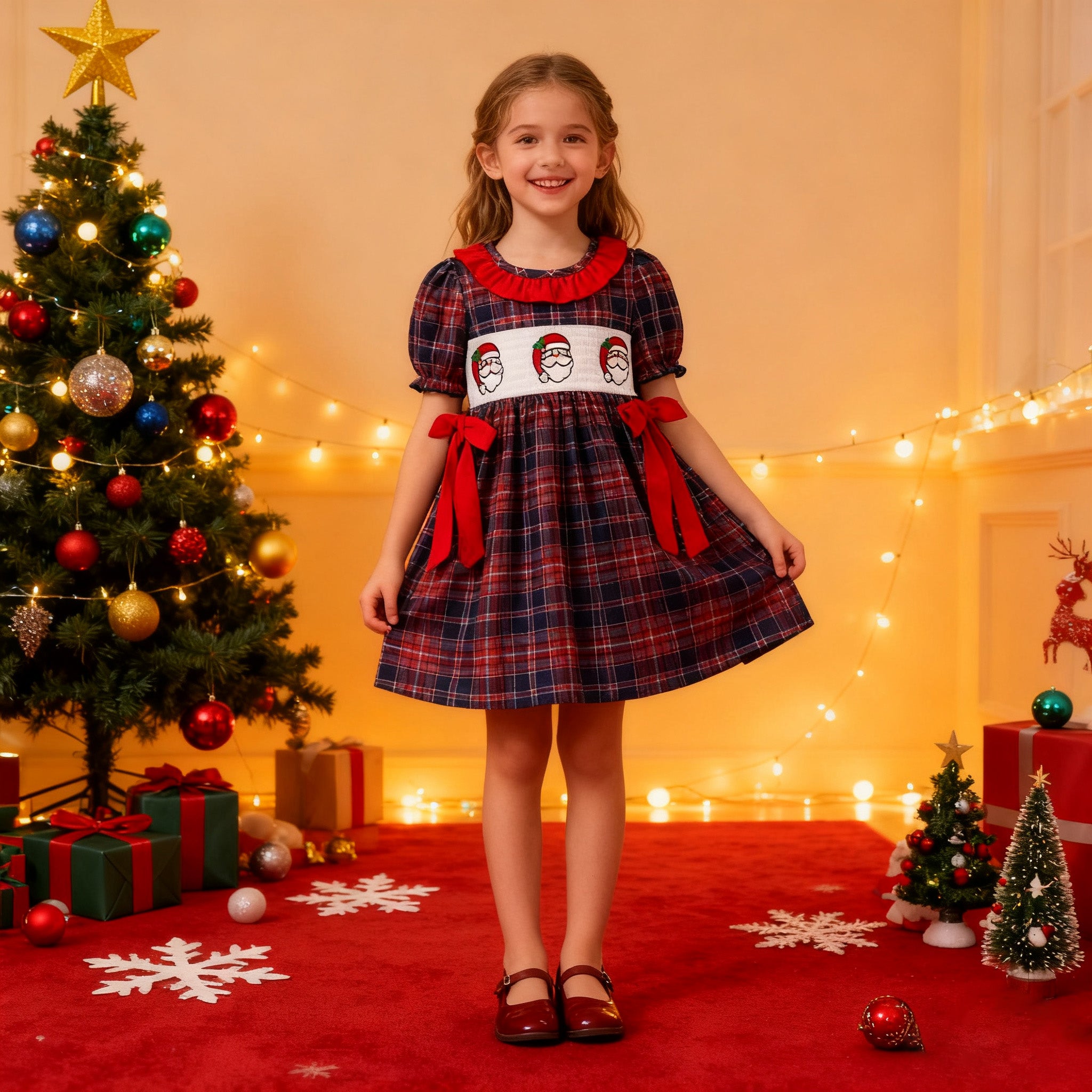 （In Stock）Girls Christmas Santa Claus Embroidery Smocked Dress
