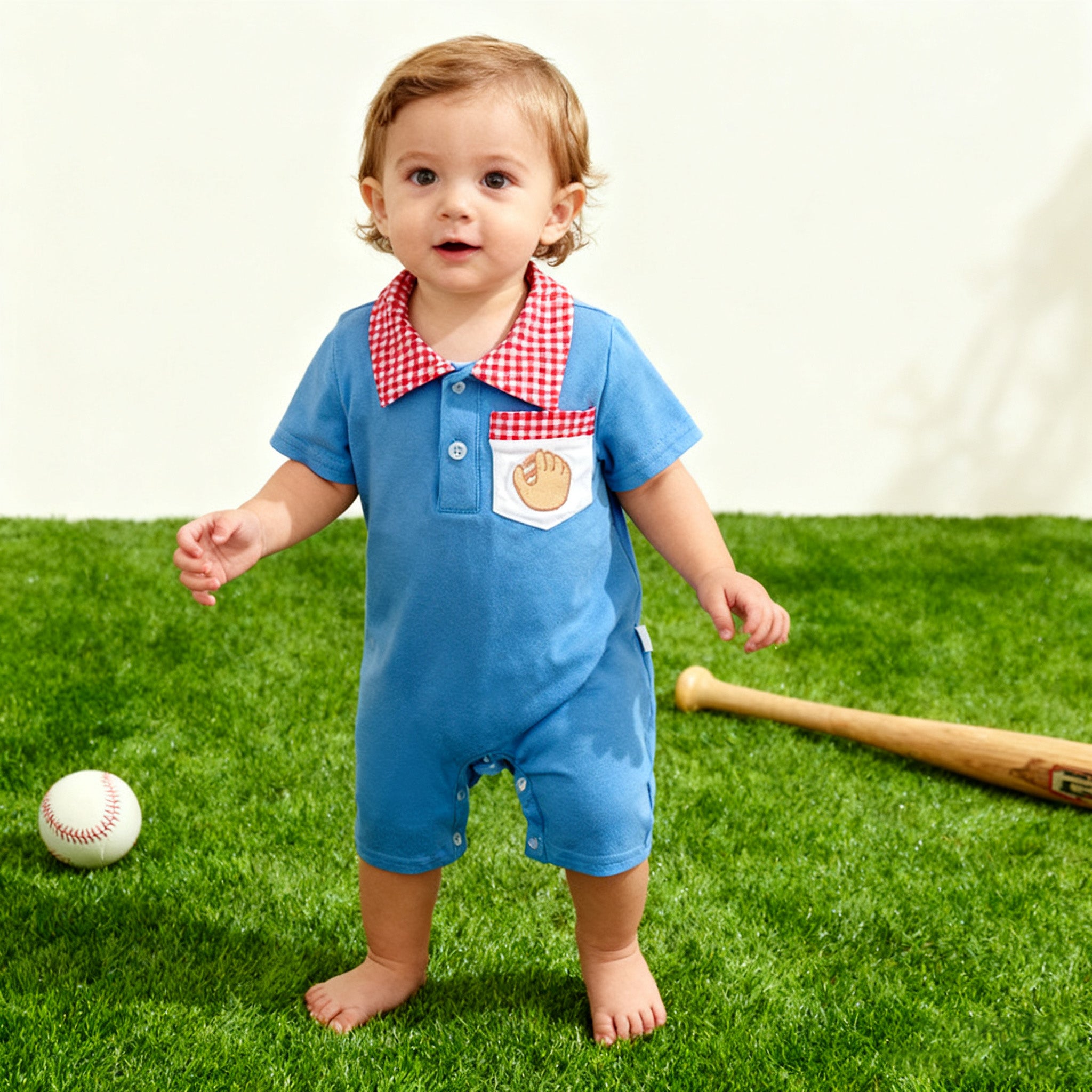 （In Stock）Toddler Boys Spring and Summer Baseball Embroidery Romper