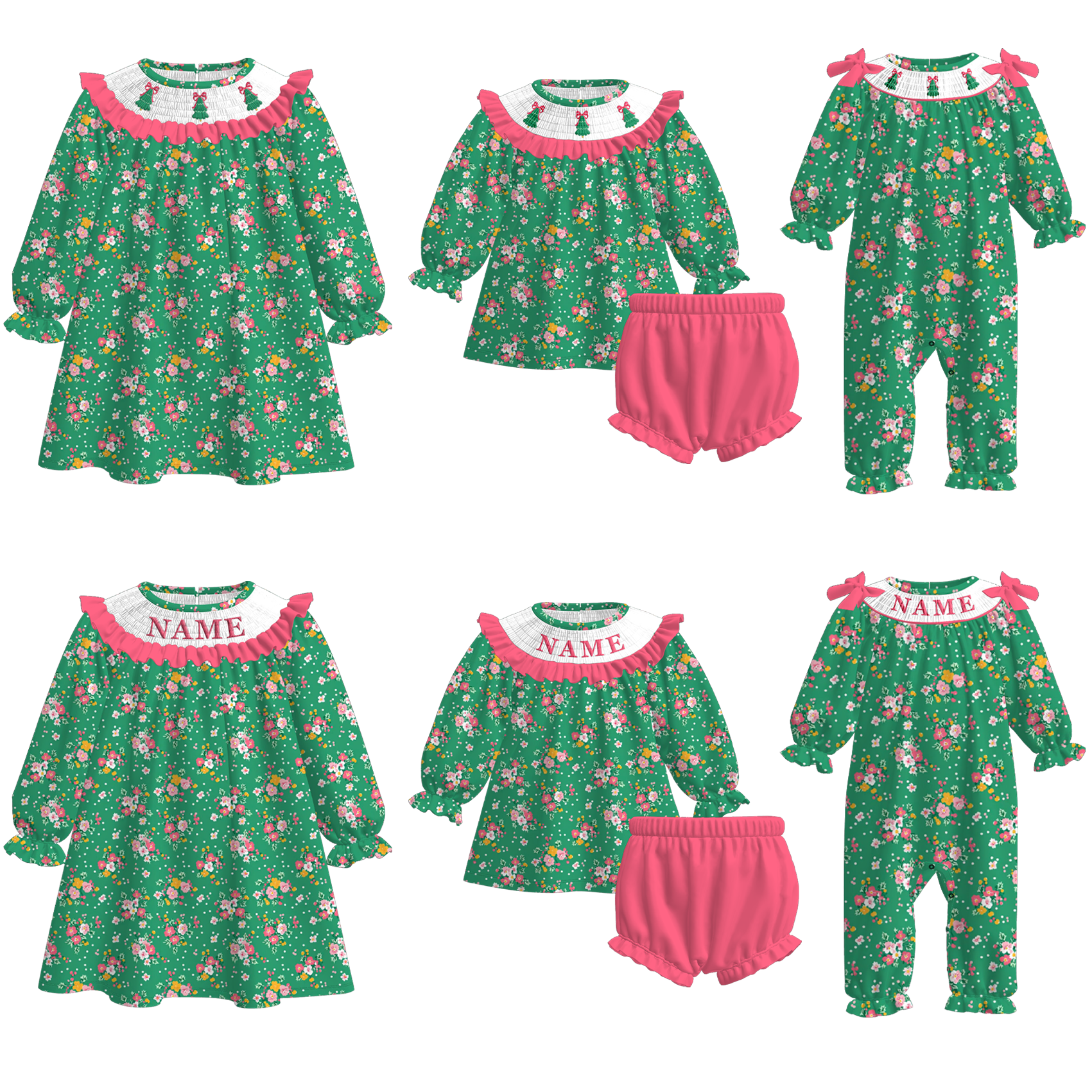 （Pre Order）Sisters Christmas Tree Embroidery Smocked Dress＆Romper