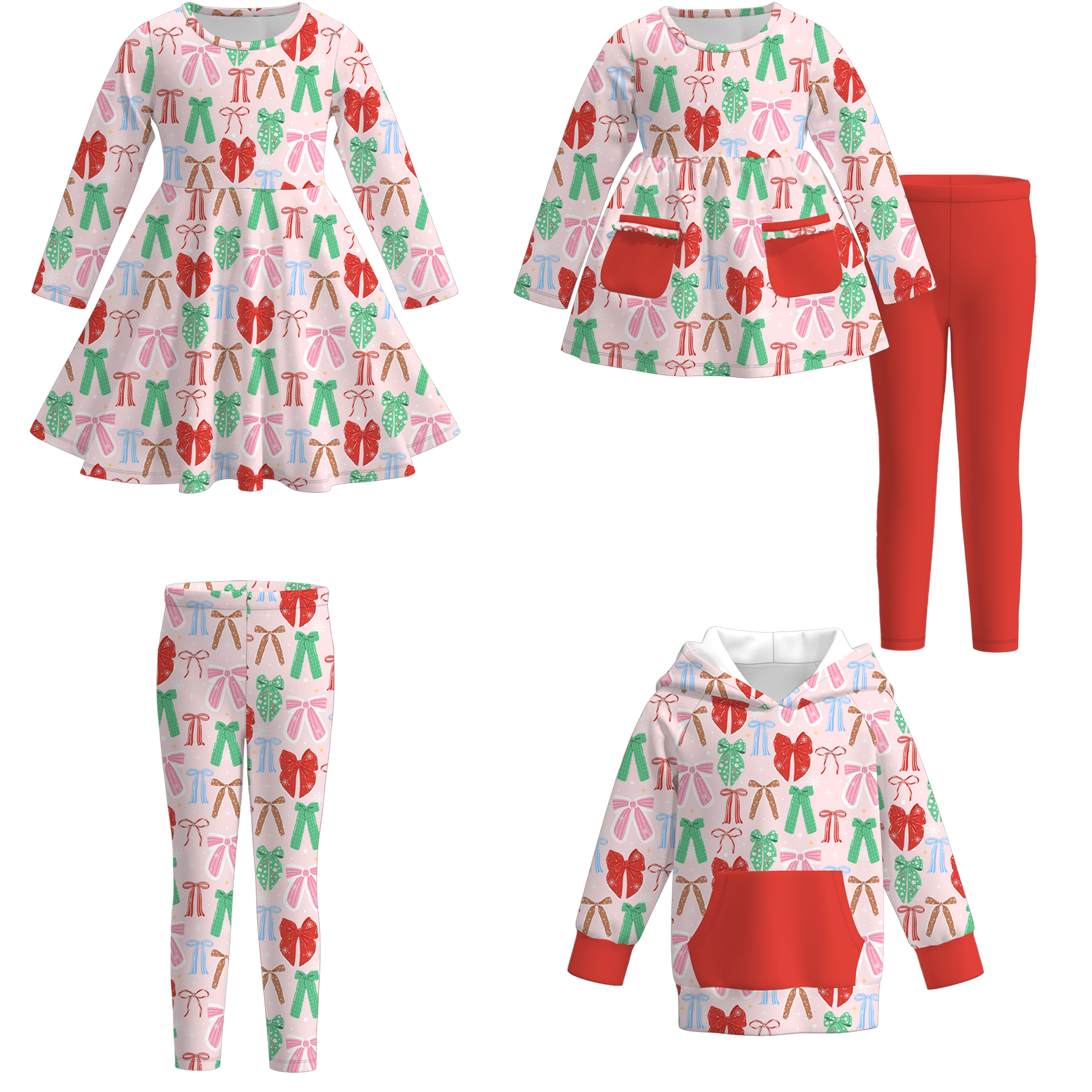 （Pre Order）Girls Christmas Bow Print Dress,Set,Top&Pants