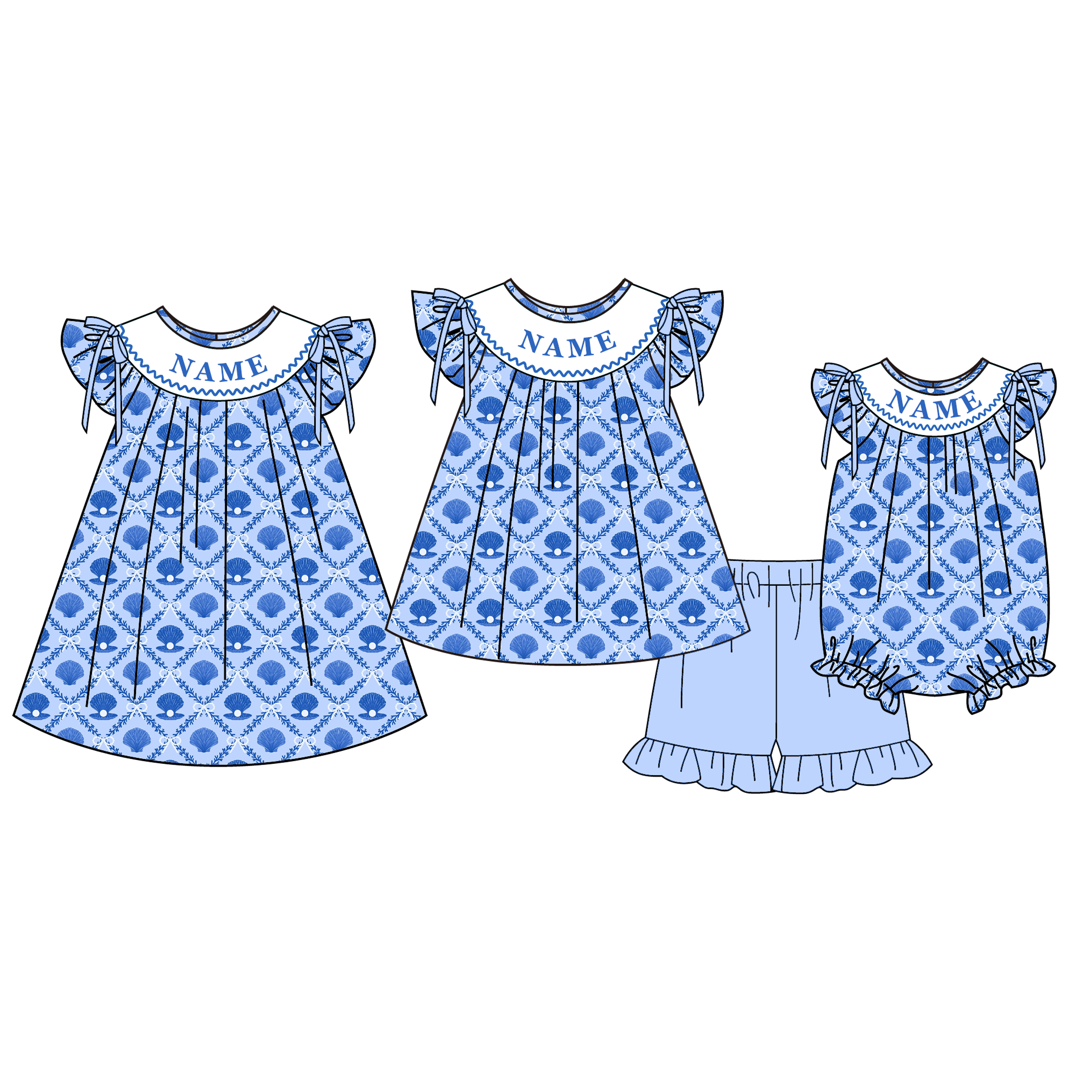 （Pre Order）Sisters Spring&Summer Seashell Embroidery Smocked Dress,Set&Romper-Customized name