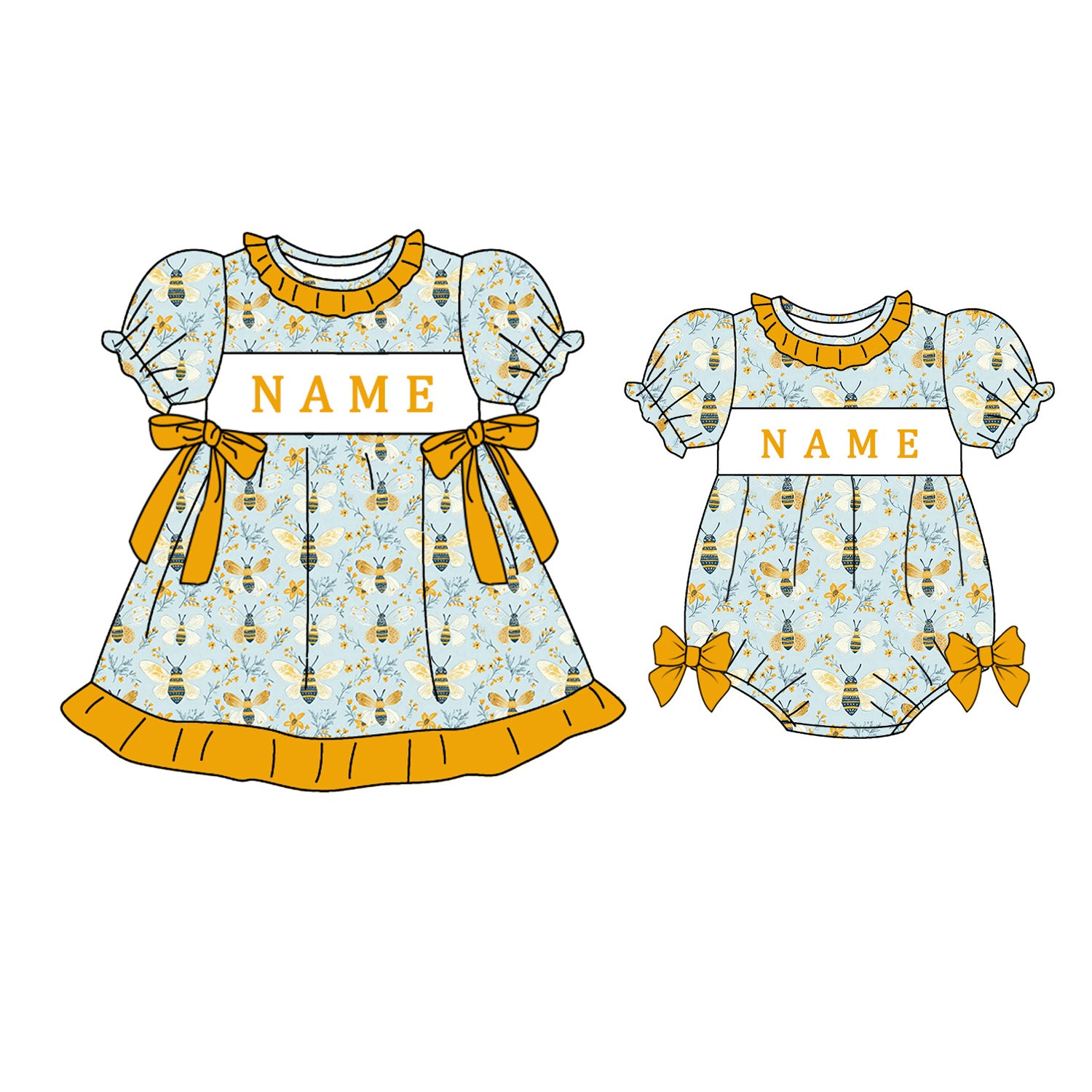 （Pre Order）Sisters Spring&Summer Bee Embroidery Smocked Dress&Romper-Customized name