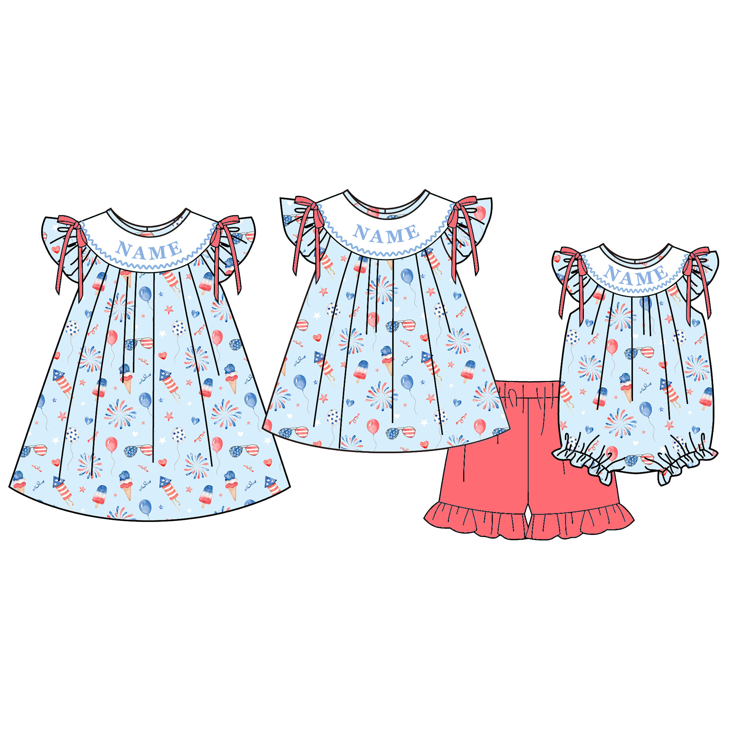 （Pre Order）Sisters Patriotic Embroidery Smocked Dress,Set&Romper-Customized name