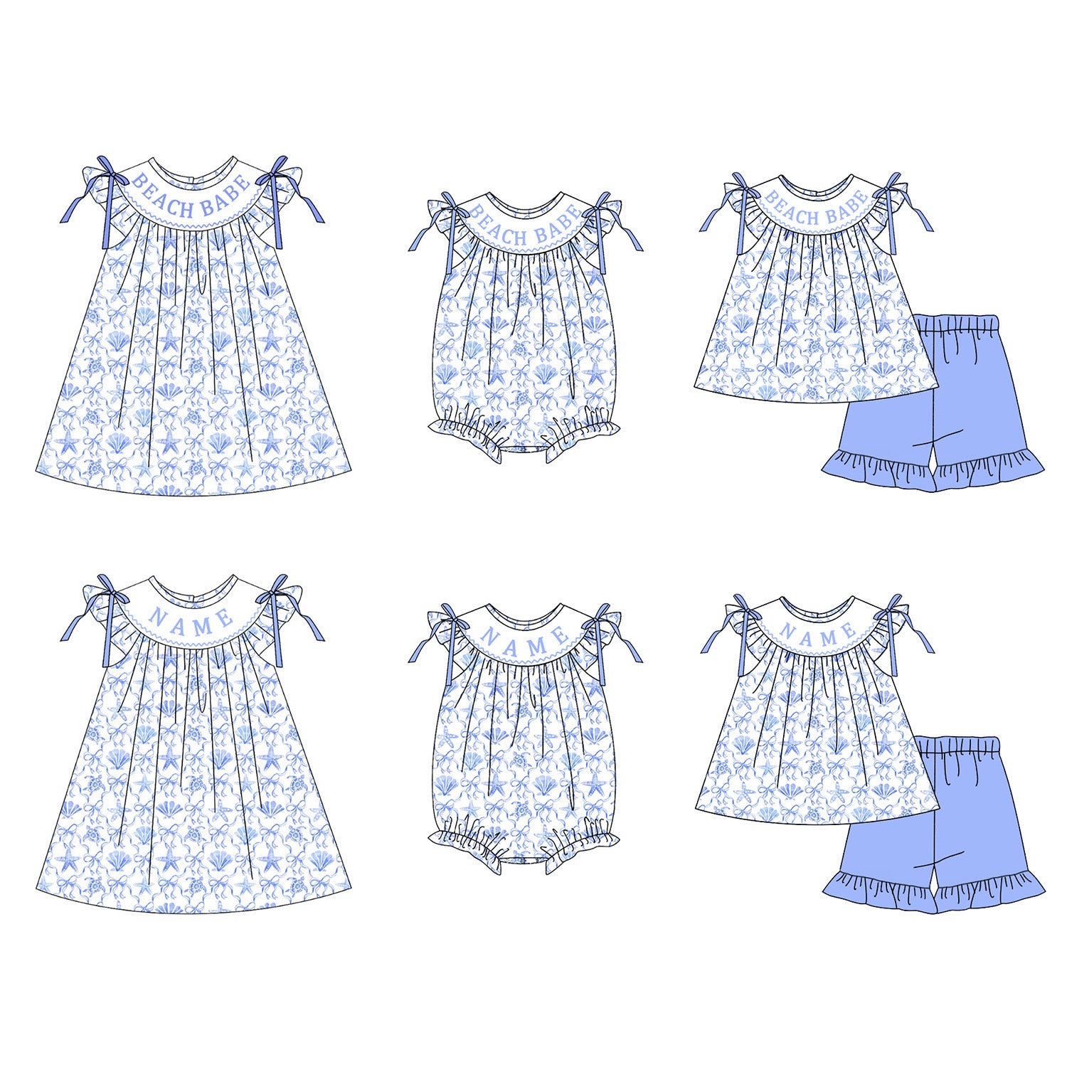 （Pre Order）Sisters Spring&Summer Seaside Embroidery Smocked Dress,Set&Romper-Customized name