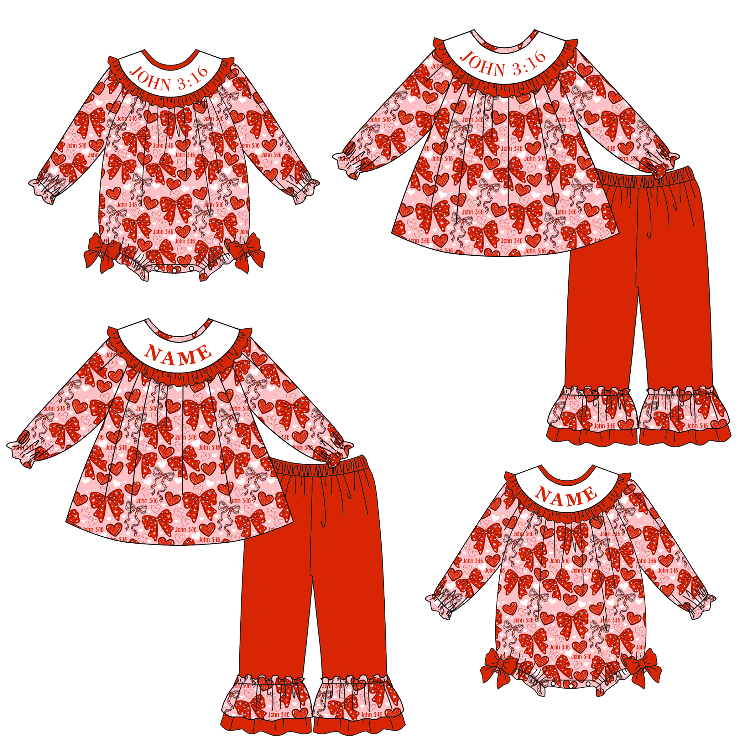 （Pre Order）Sisters Valentine's Day Embroidery Smocked Outfit Set&Romper