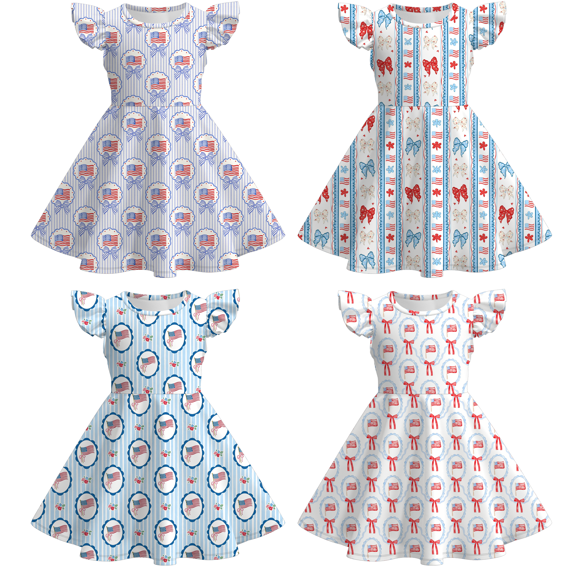 （Pre Order）Girls Patriotic Bow Print Dress