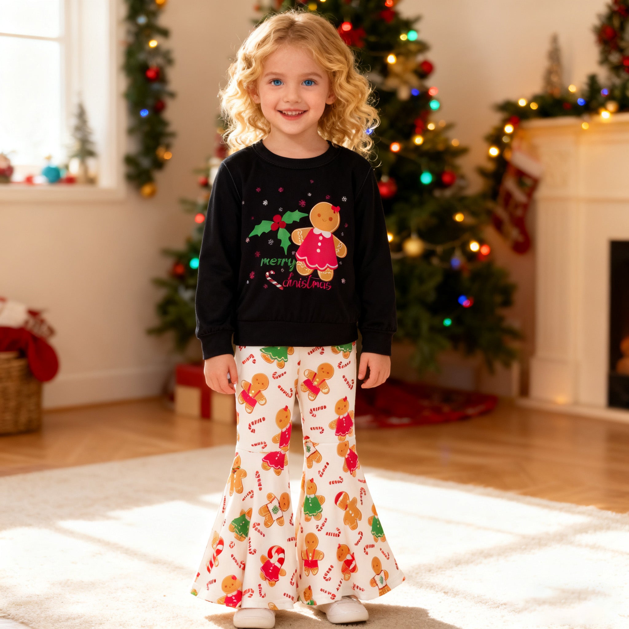（In Stock）Girls Christmas Gingerbread Print Outfit Set