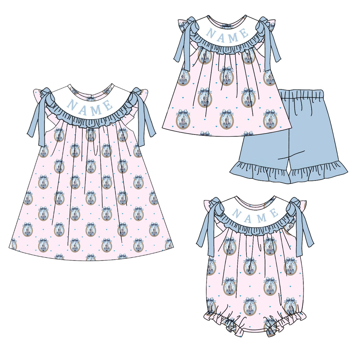 （Pre Order）Sisters Spring&Summer Castle Embroidery Smocked Dress,Set&Romper-Customized name
