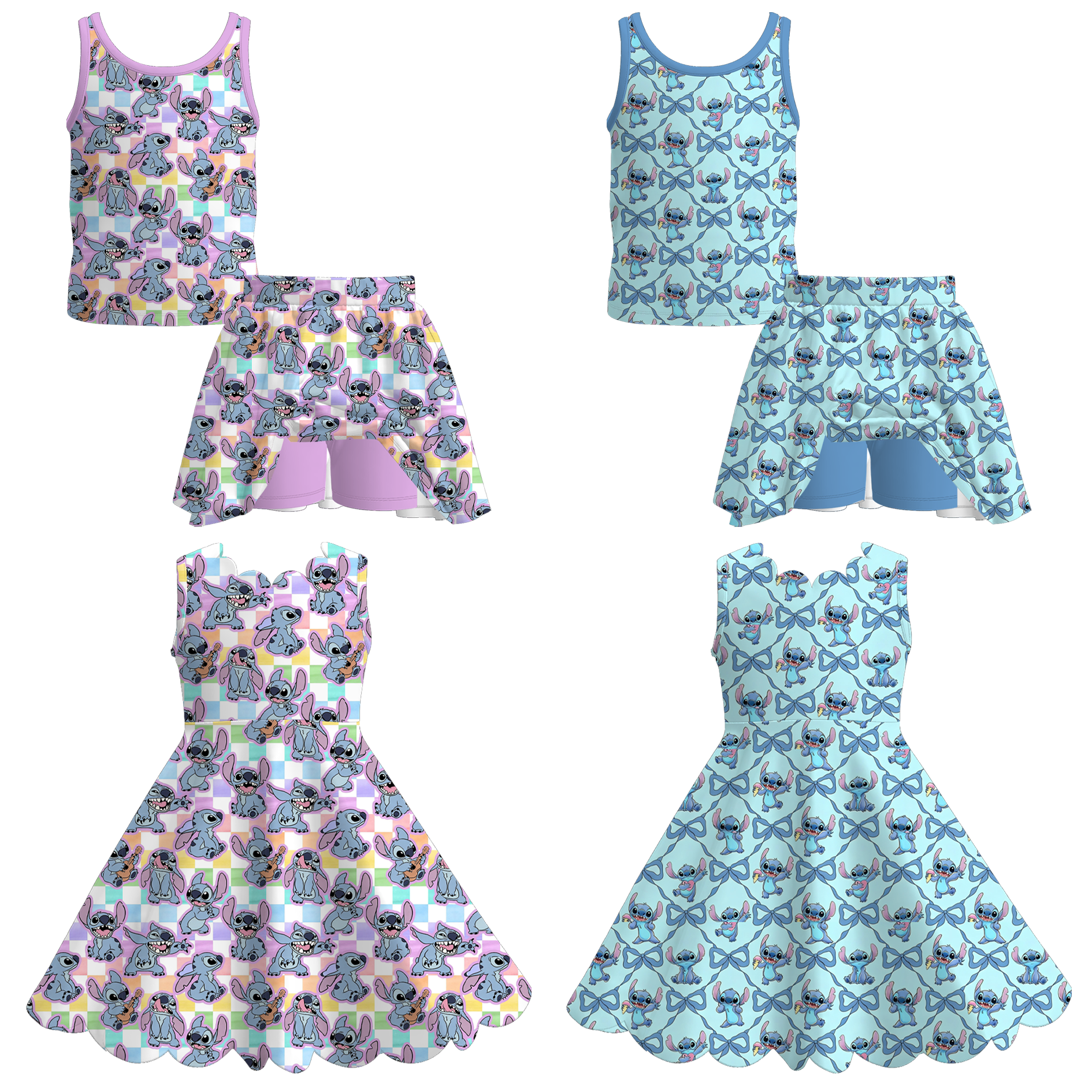 （Pre Order+Prepack Zone）Girls Cartoon Print Scallop Dress&Skort Set（Mix Size）