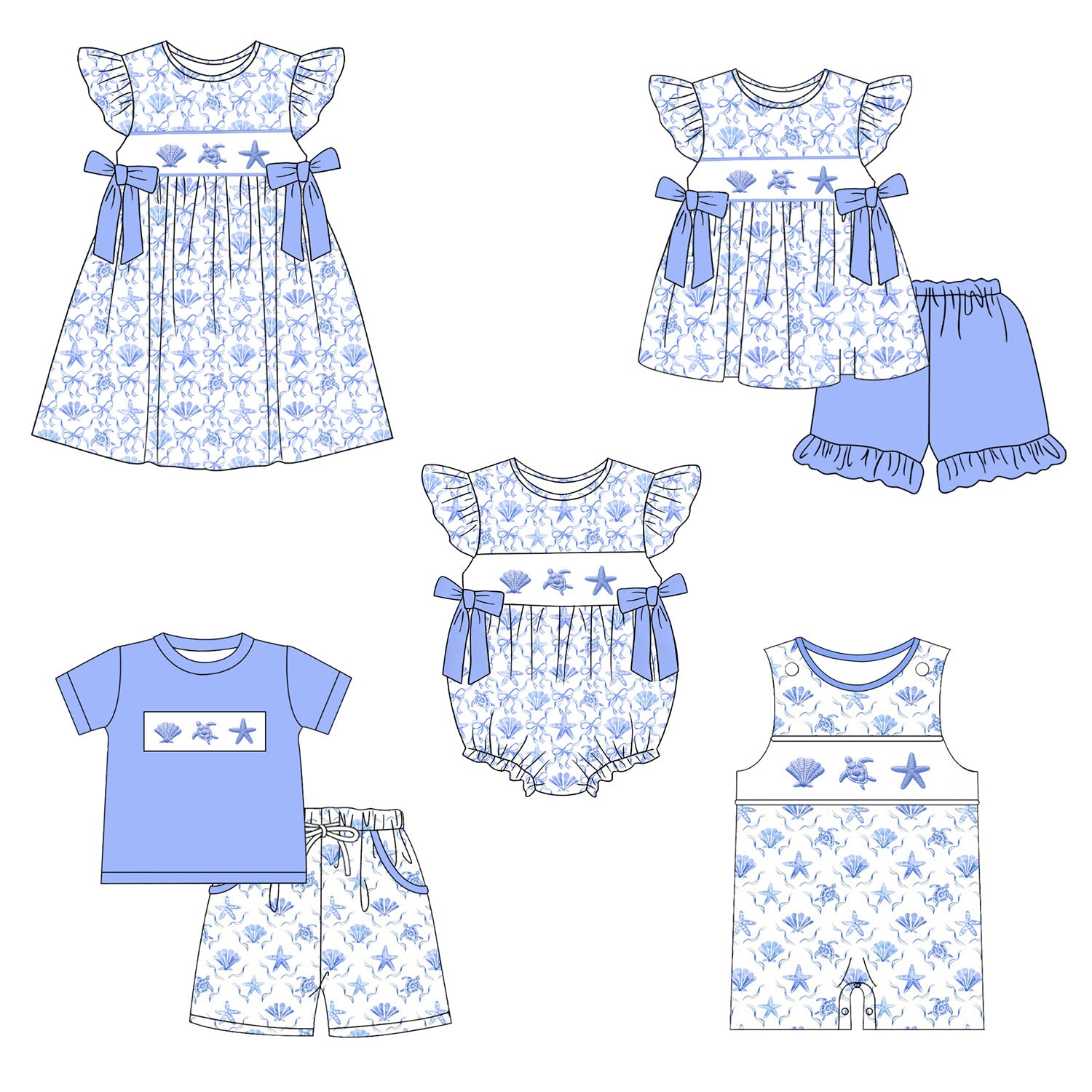 （Pre Order）Siblings Spring&Summer Seaside Embroidery Smocked Dress,Set&Romper