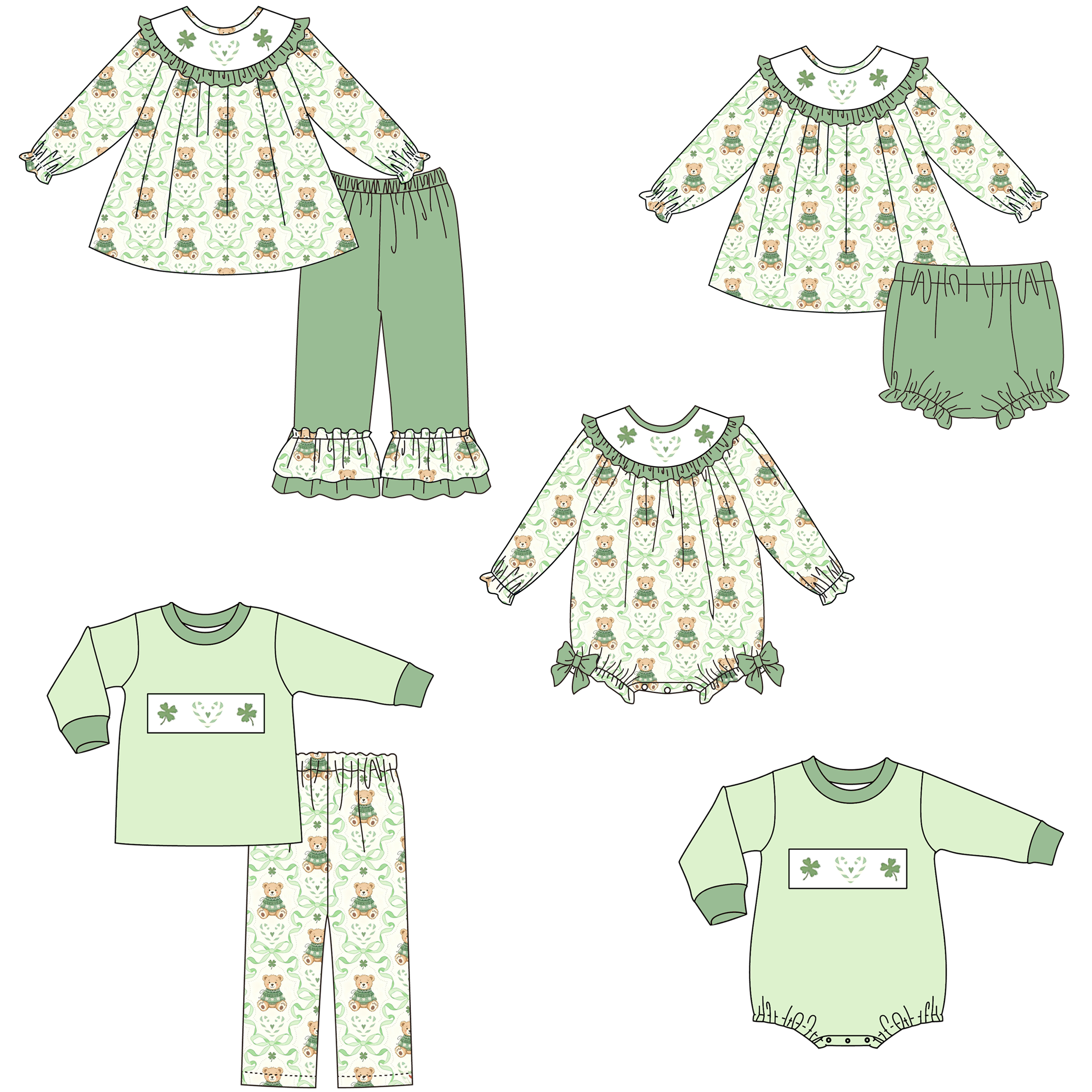 （Pre Order）Siblings St. Patrick's Day Shamrock Embroidery Smocked Set&Romper