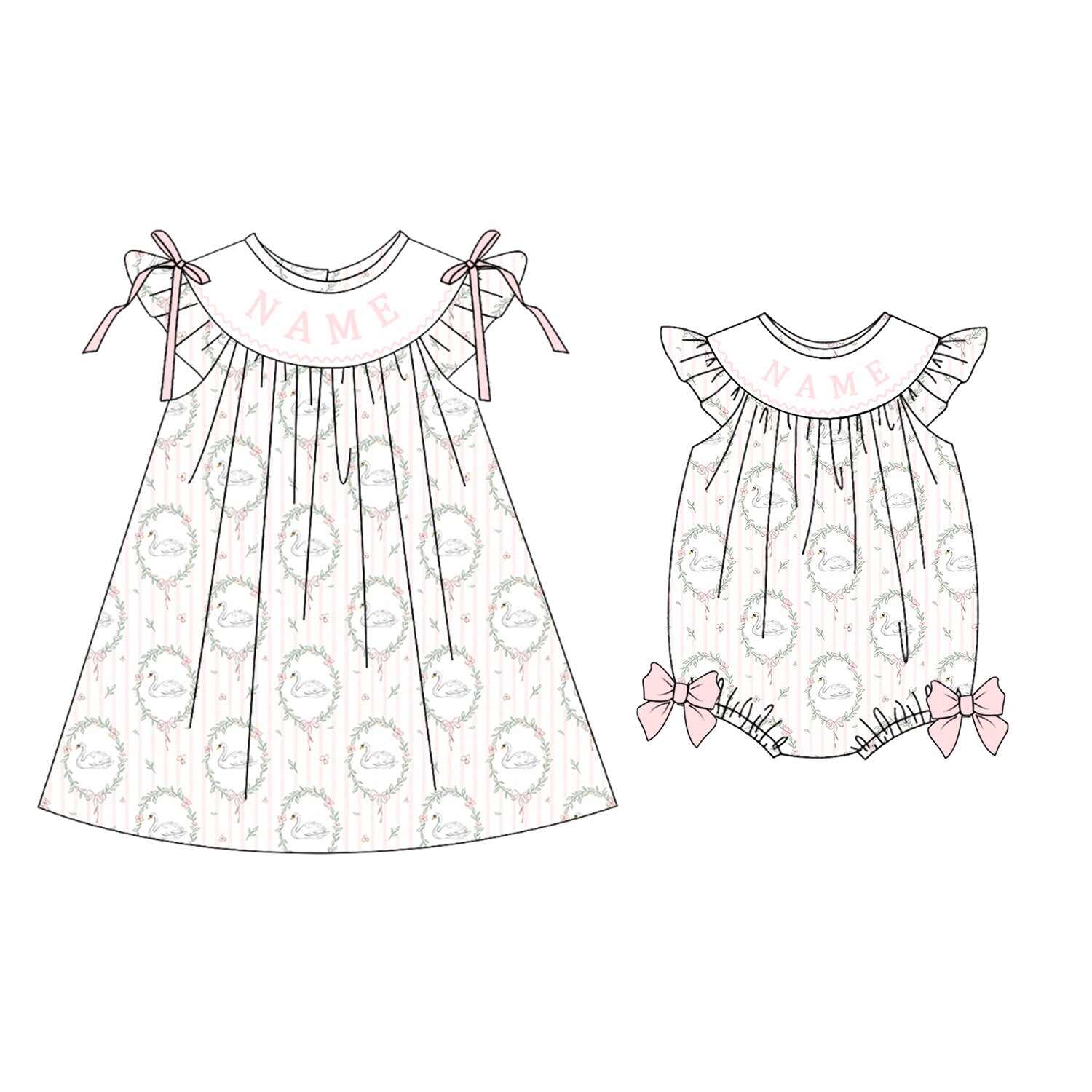 （Pre Order）Sisters Spring&Summer Swan Embroidery Smocked Dress&Romper-Customized name