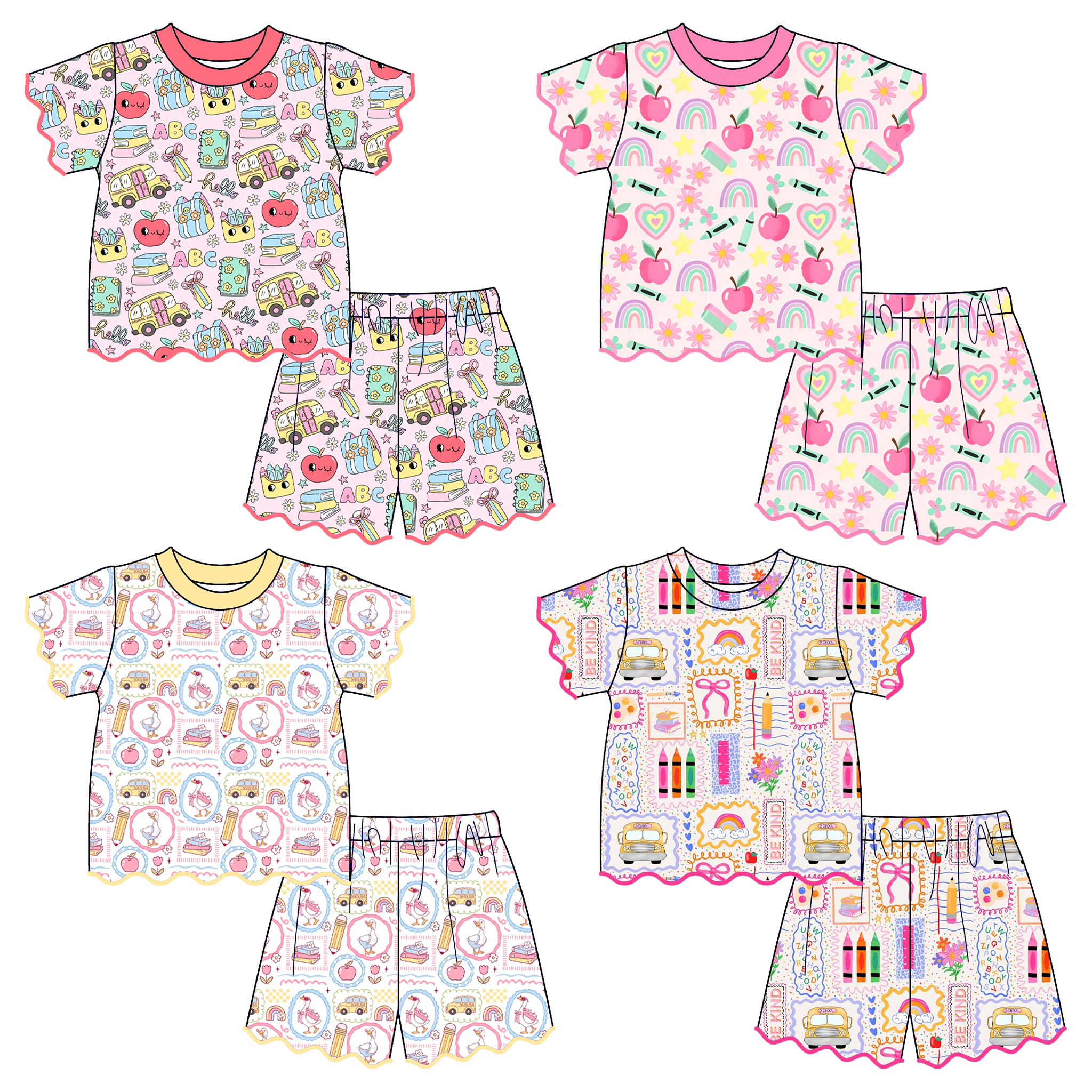 （Pre Order）Girls Summer Back To School Scallop Shorts Set