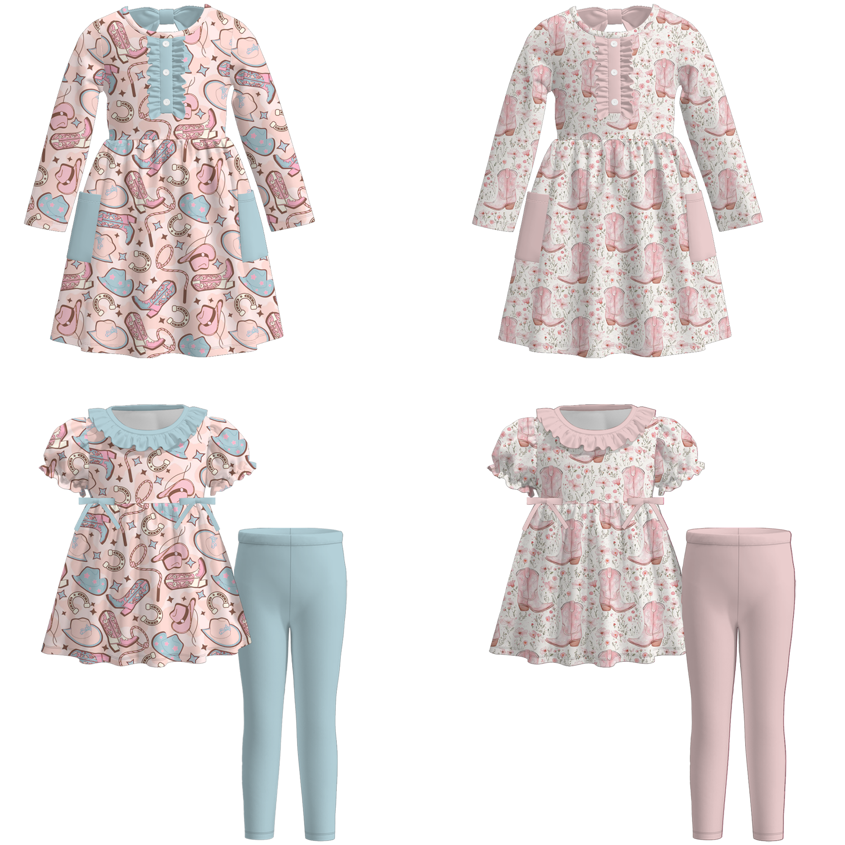 （Pre Order）Girls Fall Boots Print Dress with Pockets&Set
