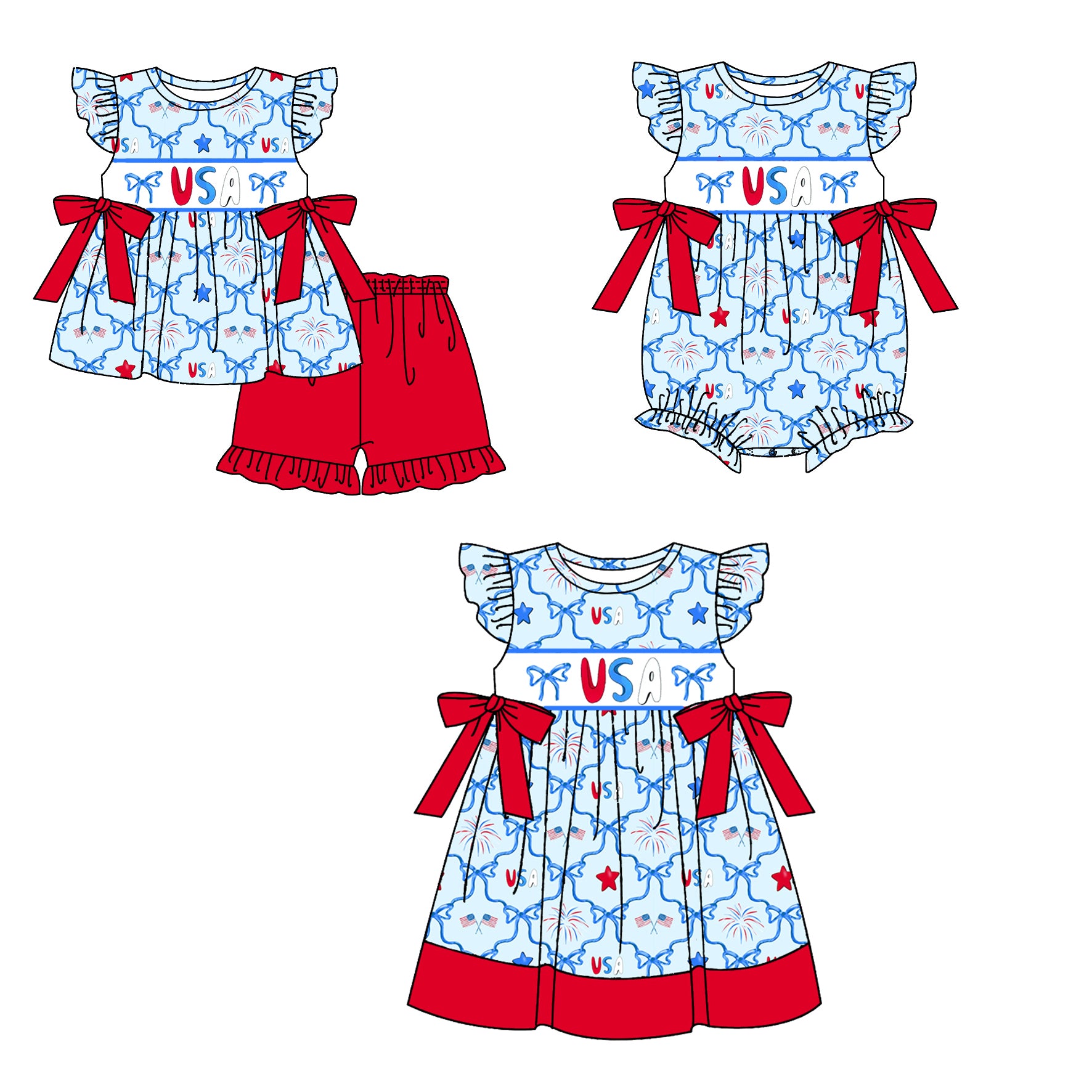 （Pre Order）Sisters Patriotic Embroidery Dress,Romper＆Set