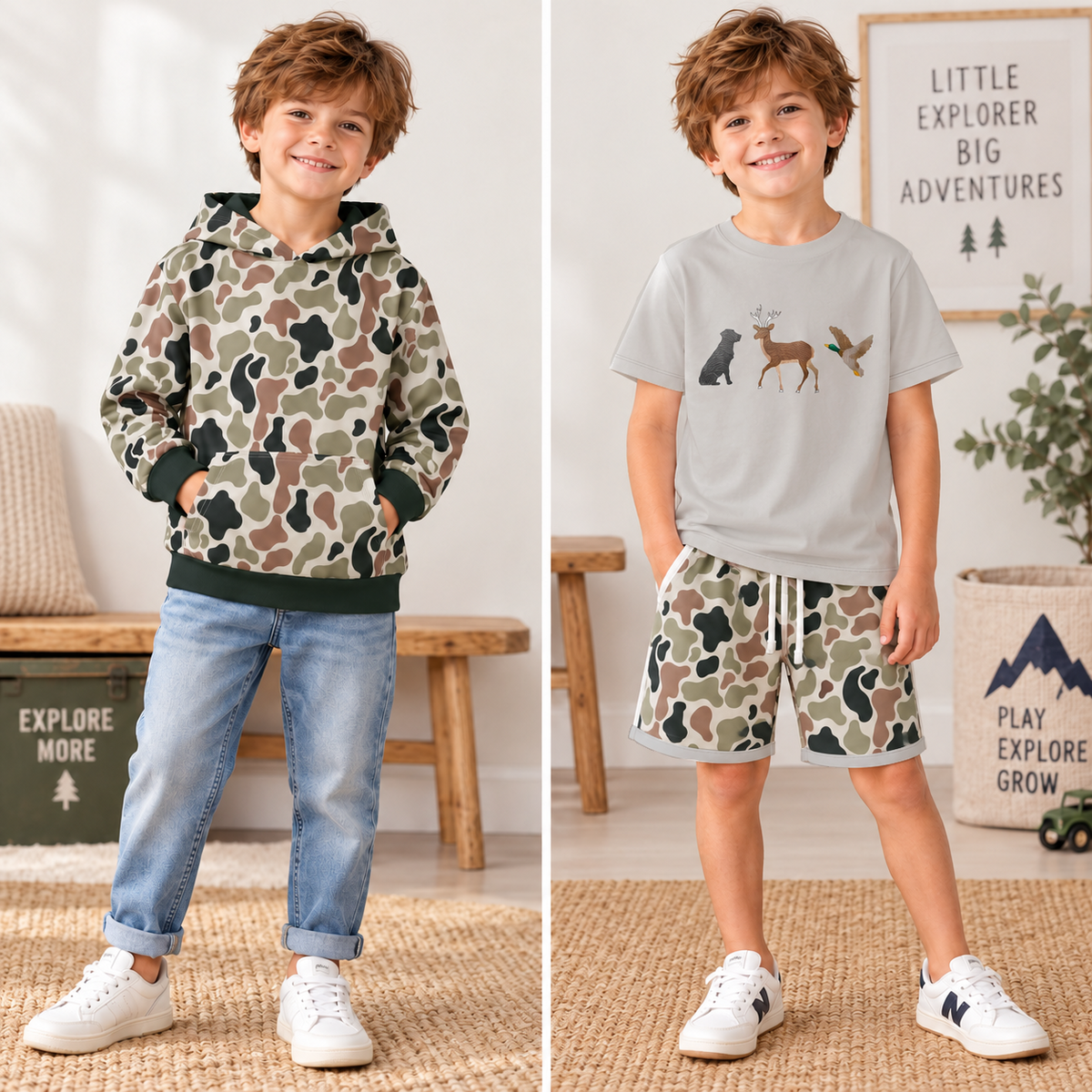 Boy wearing a camo pullover hoodie with jeans, beside a boy in a gray animal-graphic tee and camo shorts