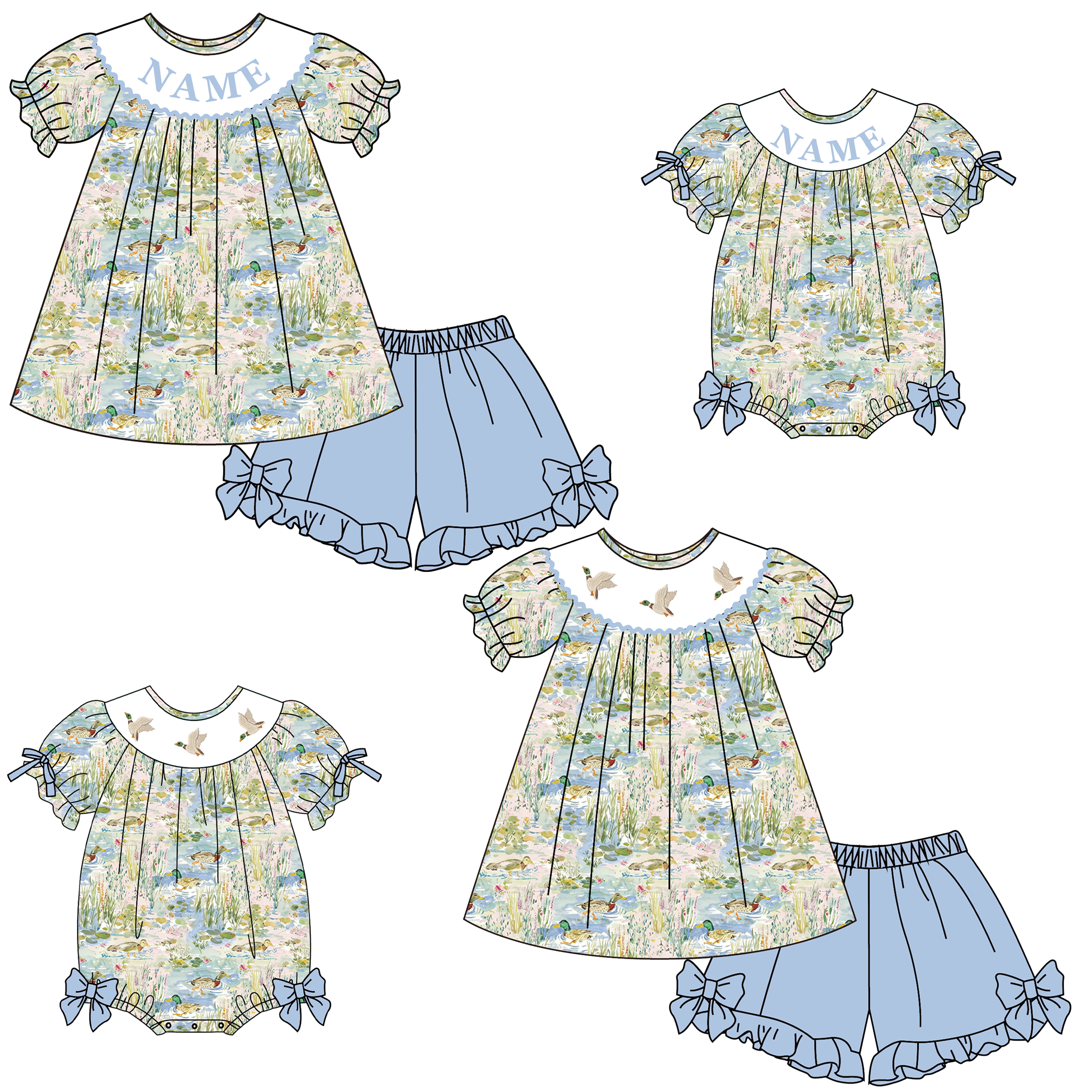 （Pre Order）Sisters Spring&Summer Mallard Embroidery Smocked Shorts Set&Romper