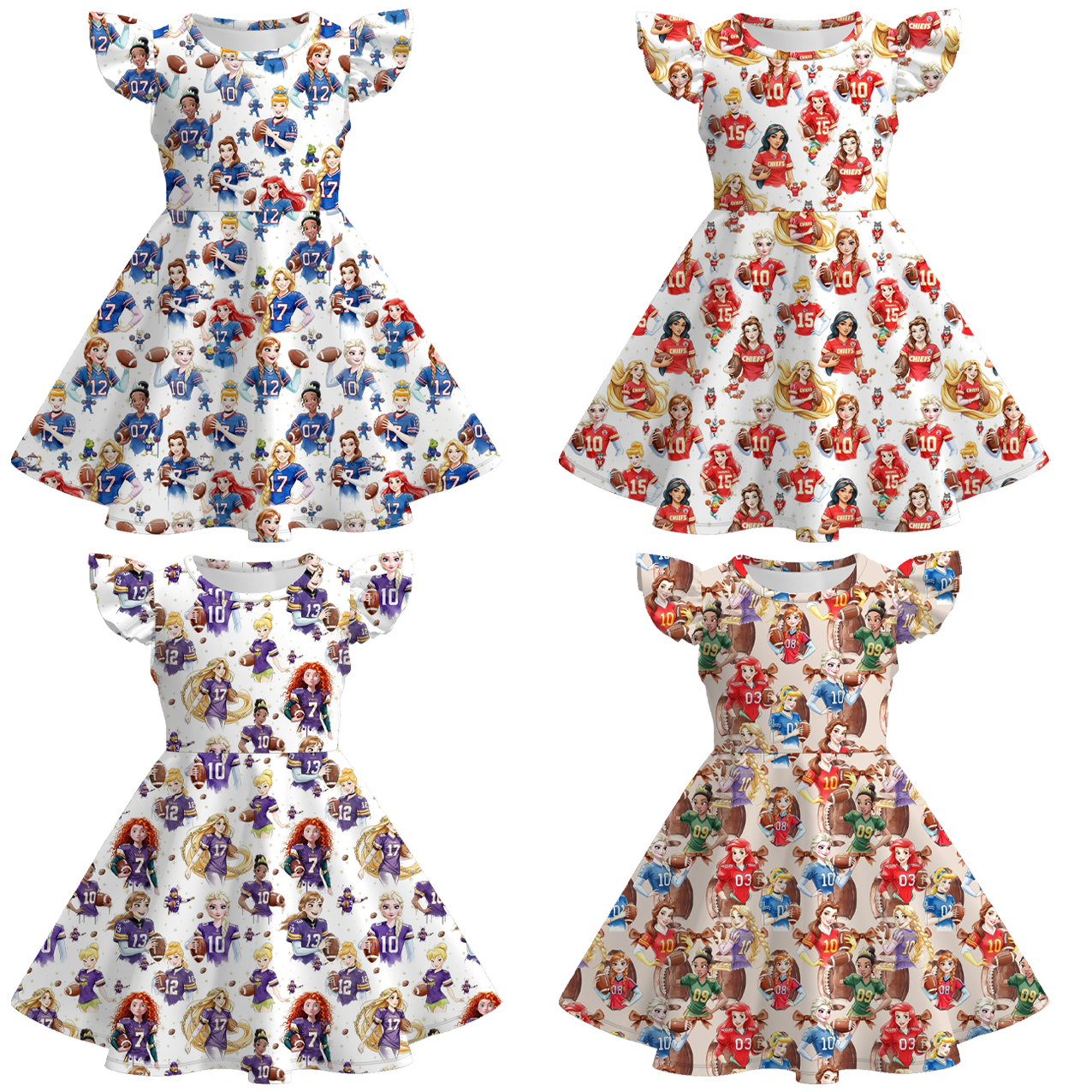 （Pre Order）Girls Football Princess Print Flying Sleeves Dress