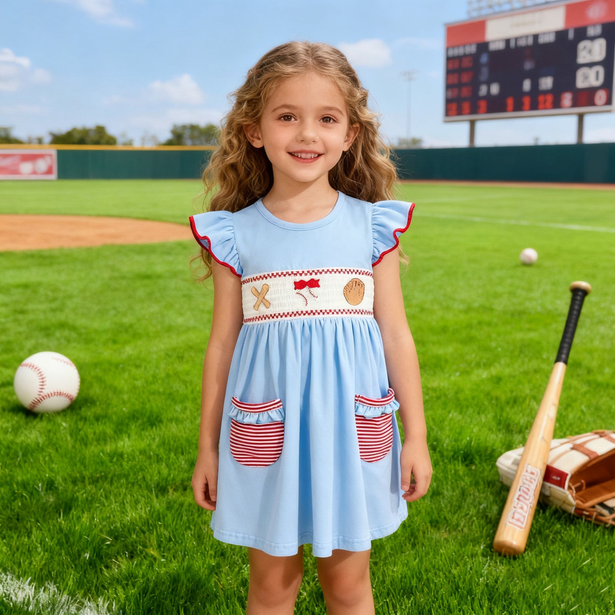 （In Stock）Girls Baseball Embroidery Smocked Dress with Pockets