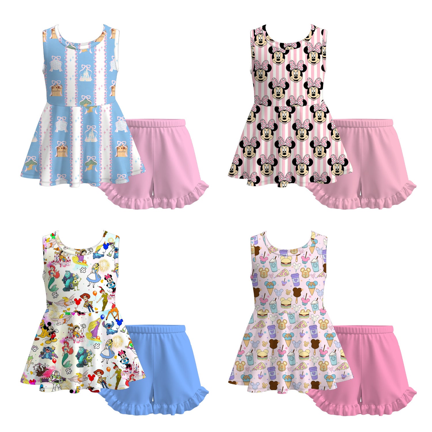 （Pre Order+Prepack Zone）Girls Spring&Summer Cartoon Print Ruffle Shorts Set