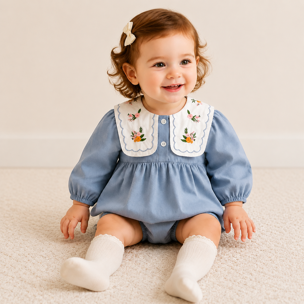 （In Production）Girls Fall Floral Embroidery Romper