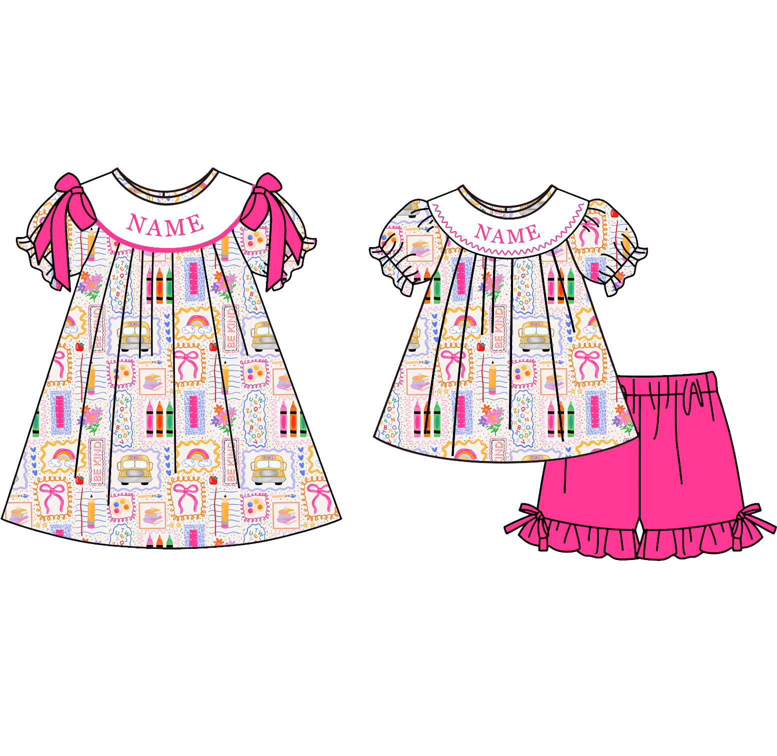 （Pre Order）Girls Summer Back To School Embroidery Smocked Dress&Set