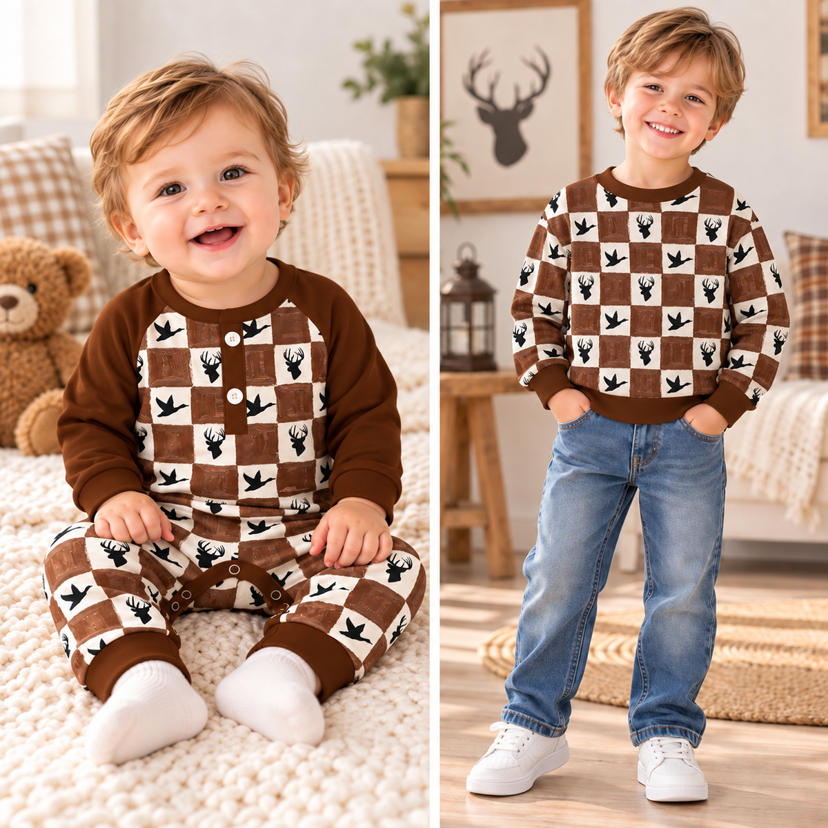 Two views: baby sitting in the checkered deer and goose romper and a boy wearing the matching print sweatshirt with jeans