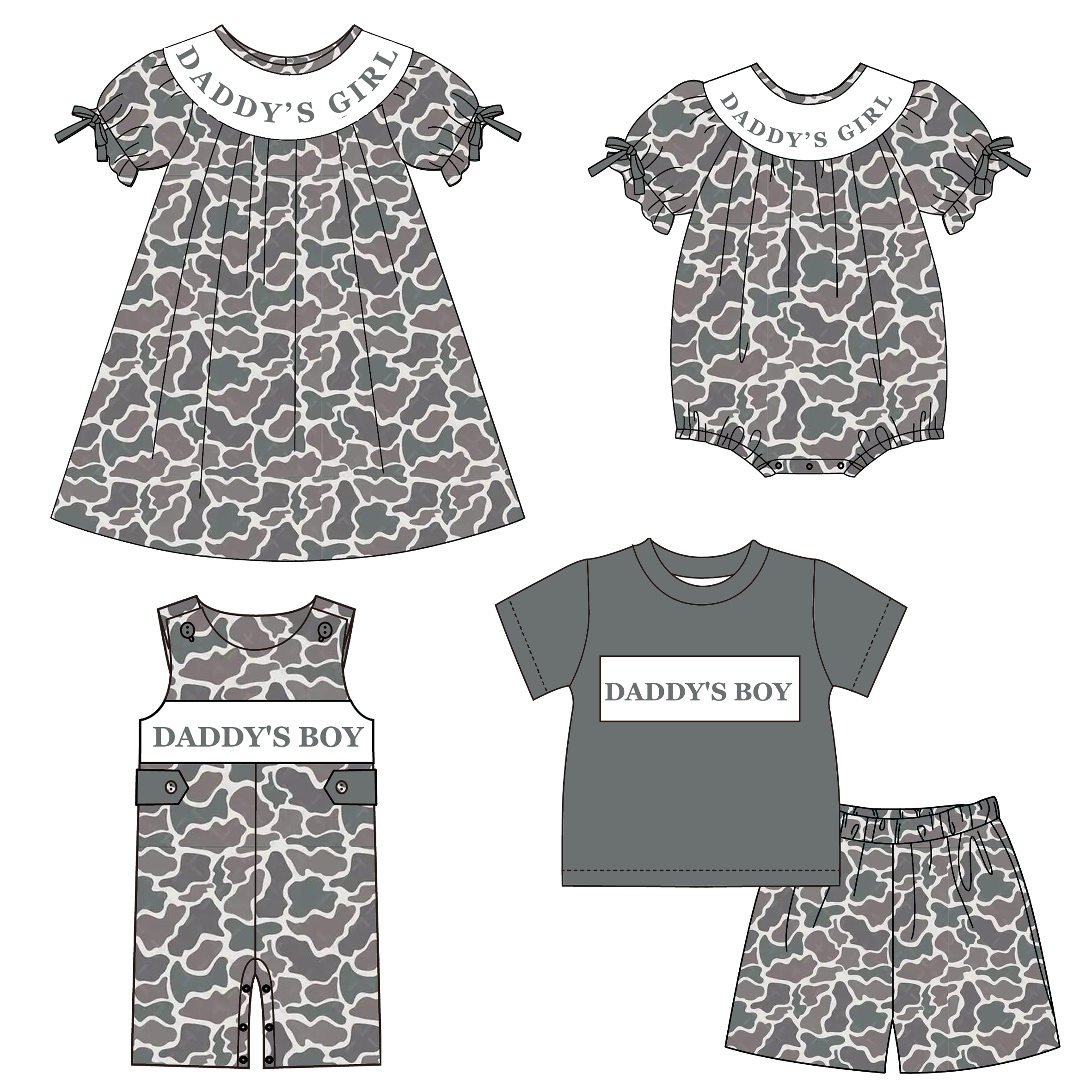 （Pre Order）Siblings Spring&Summer Camouflage Embroidery Smocked Dress,Set&Romper