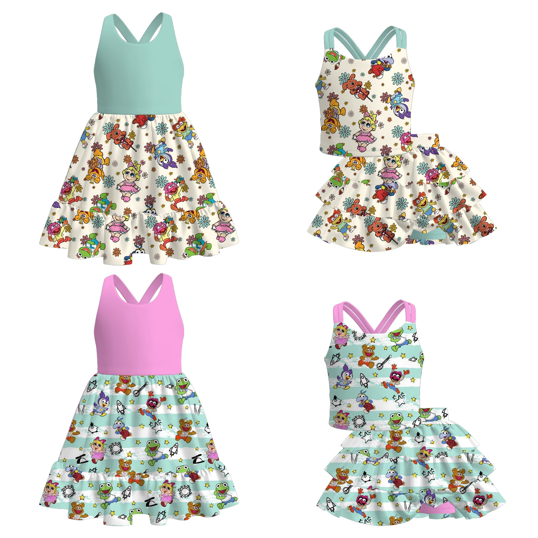 （Pre Order）Girls Spring and Summer Cartoon Print Dress＆Skort Set