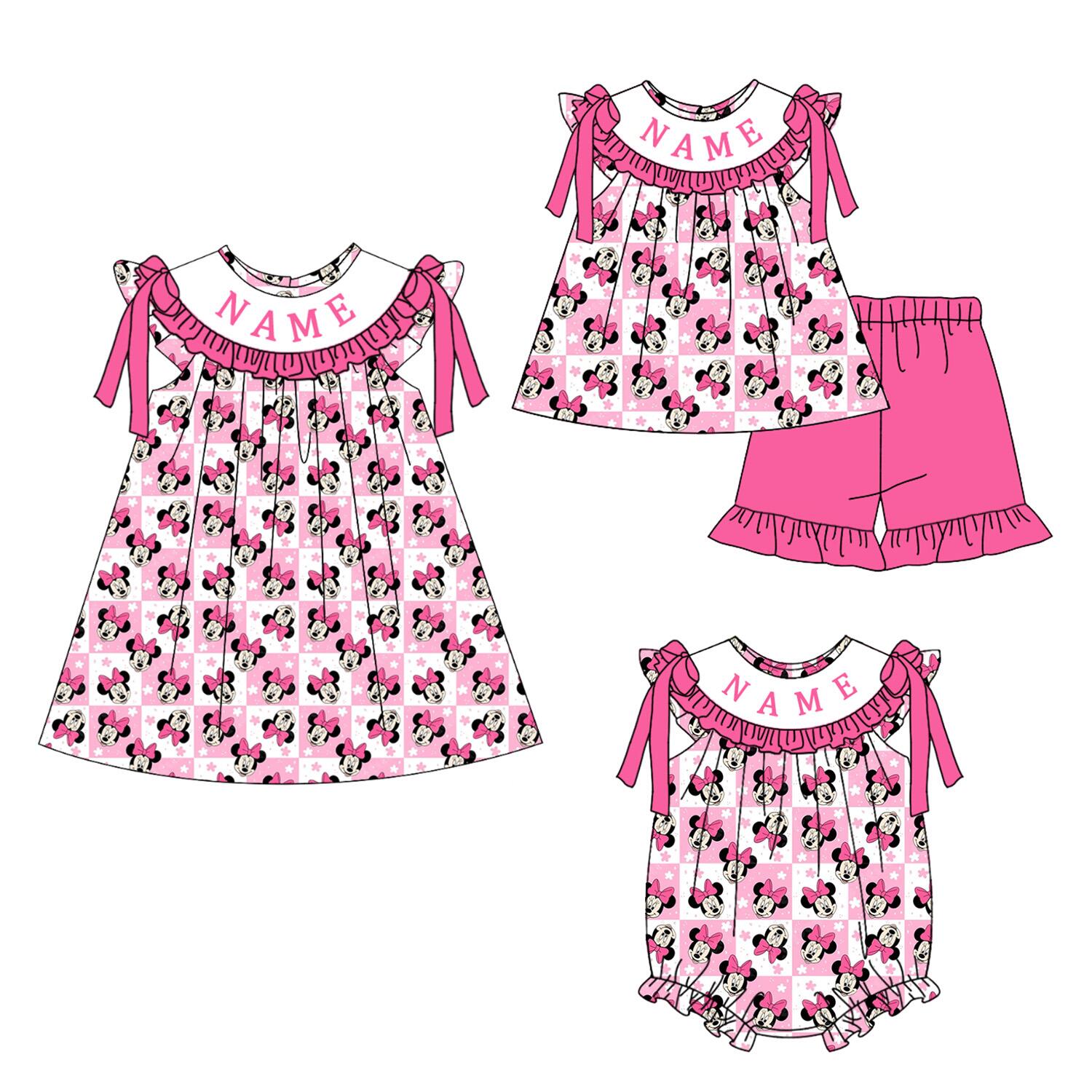 （Pre Order）Sisters Spring&Summer Cartoon Embroidery Smocked Dress,Set&Romper-Customized name