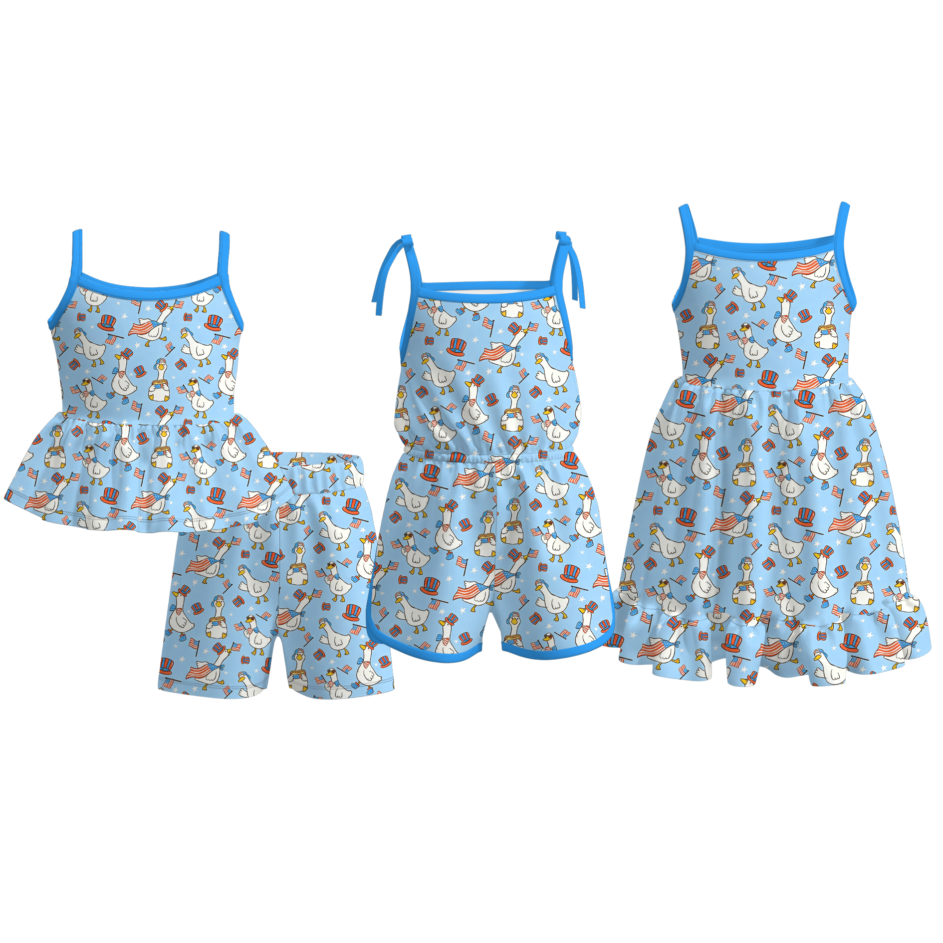 （Pre Order）Girls Patriotic Goose Print Dress,Set&Jumpsuit