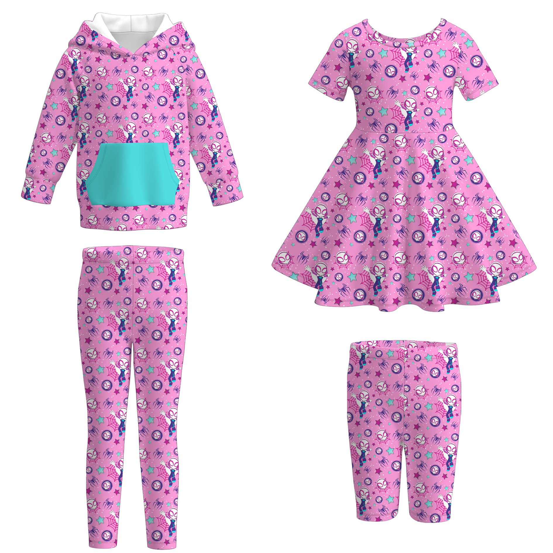 （Pre Order）Girls Spring&Summer Cartoon Spider Print Dress,Top&Pants