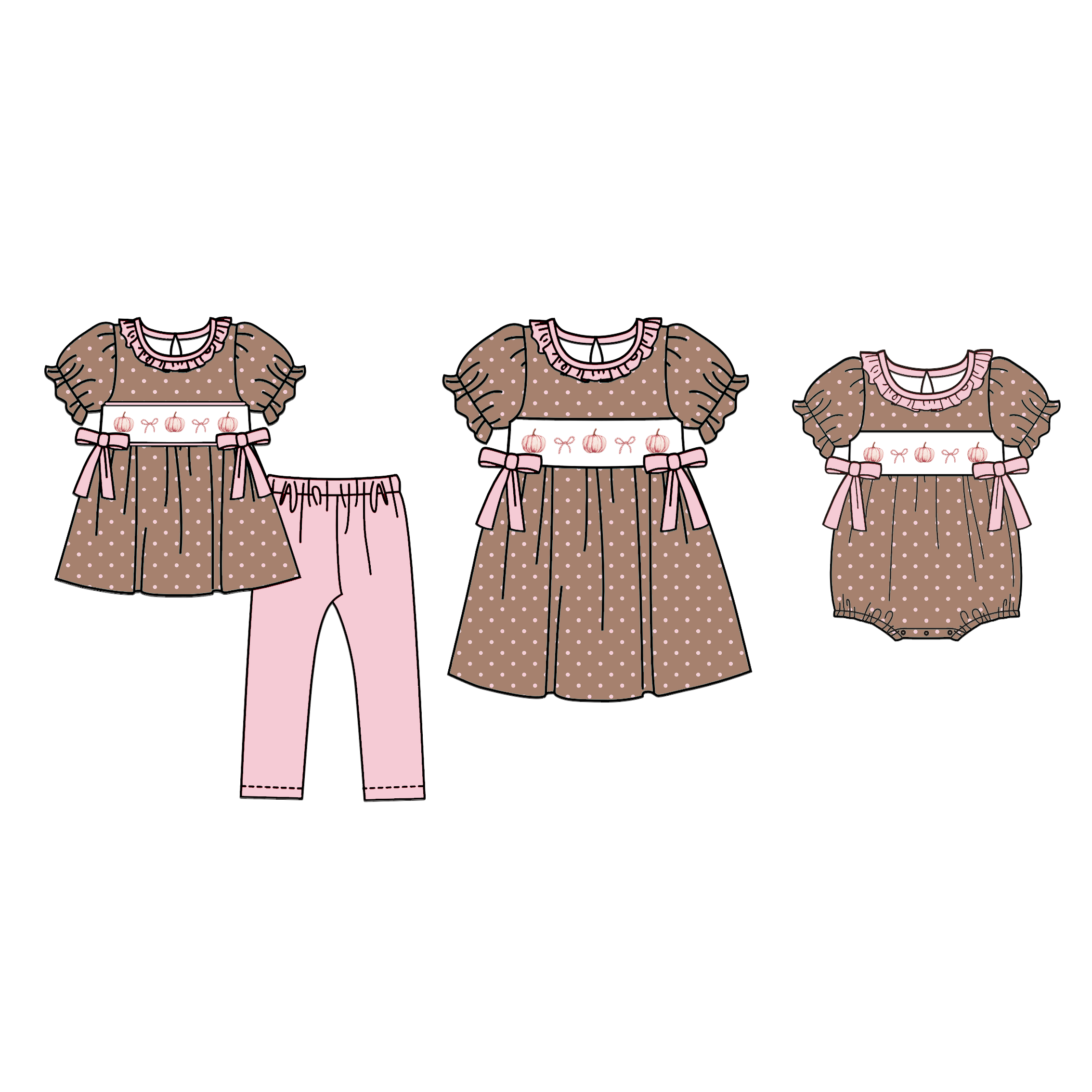 （Pre Order）Sisters Pumpkin Embroidery Smocked Dress,Set&Romper