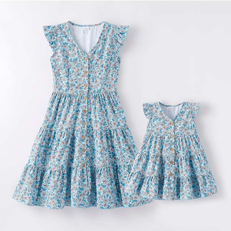 （In Stock）Mommy and Me Spring and Summer Light Blue Floral Print Dress