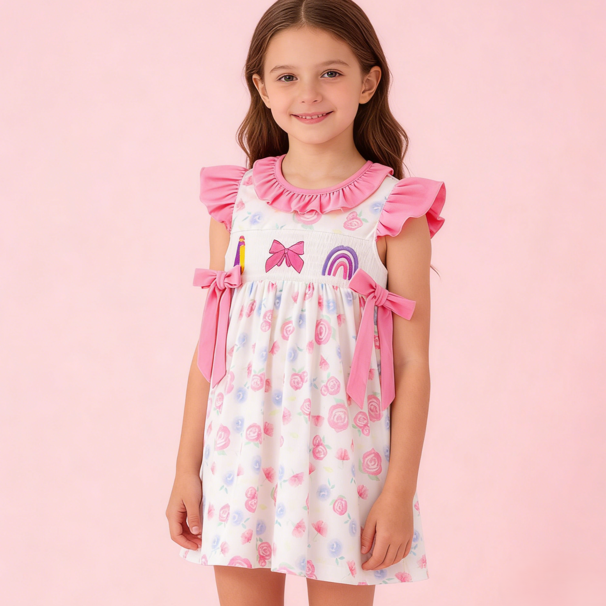 （In Stock）Girls Summer Back To School Embroidery Smocked Dress