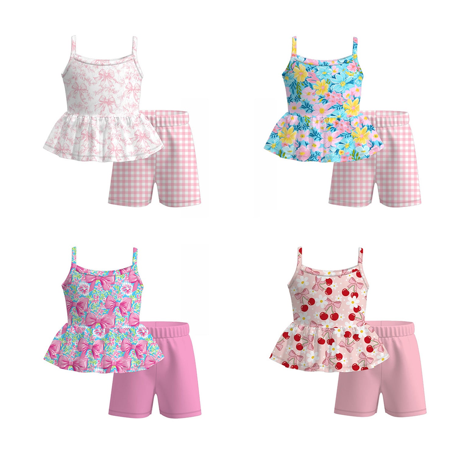 （Pre Order）Girls Spring and Summer Bow＆Floral Print Shorts Set